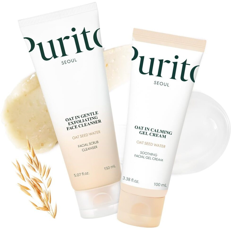 Purito Oat Velvet Duo, Calming Gel Cream & Exfoliating Facial Polish, Non-Comedogenic Formula, Moisturizer, Cleanser, Mild Korean Skincare For All Skin Types, 3.38+5.07 Fl.Oz