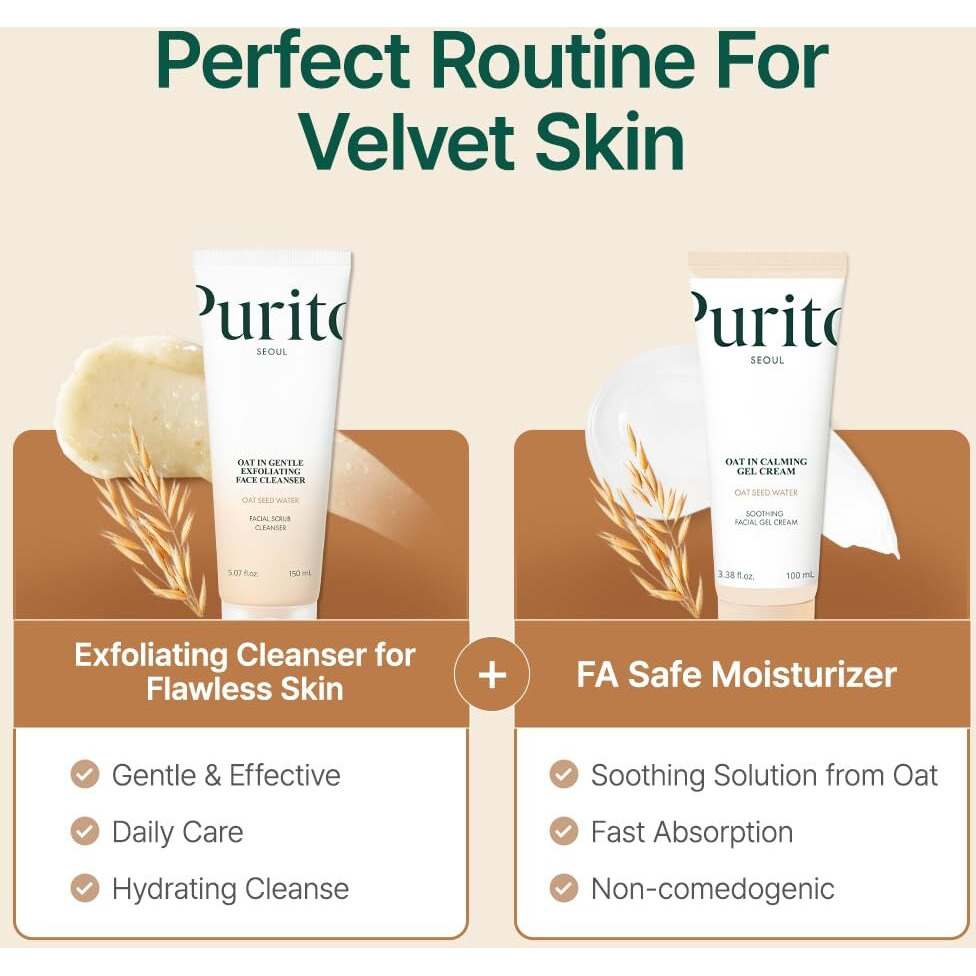 Purito Oat Velvet Duo, Calming Gel Cream & Exfoliating Facial Polish, Non-Comedogenic Formula, Moisturizer, Cleanser, Mild Korean Skincare For All Skin Types, 3.38+5.07 Fl.Oz