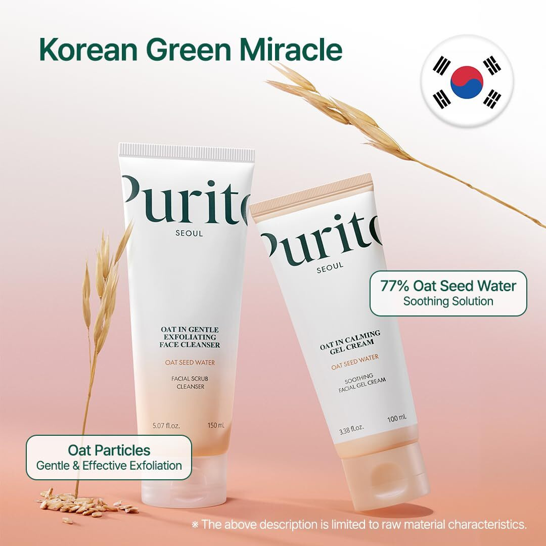 Purito Oat Velvet Duo, Calming Gel Cream & Exfoliating Facial Polish, Non-Comedogenic Formula, Moisturizer, Cleanser, Mild Korean Skincare For All Skin Types, 3.38+5.07 Fl.Oz