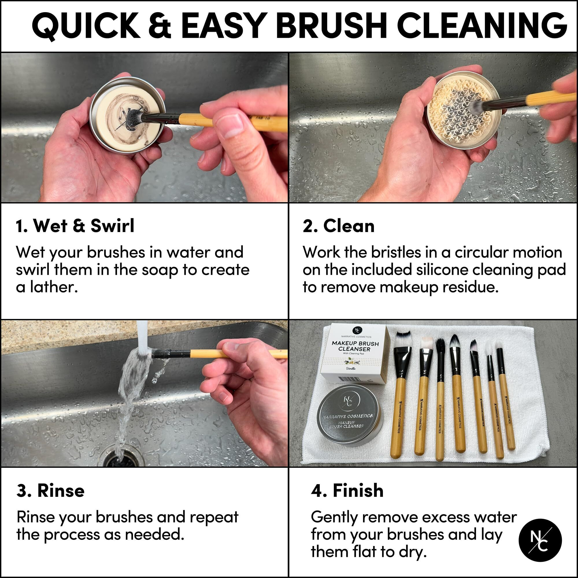 Narrative Cosmetics Solid Makeup Brush Cleanser Soap With Silicone Cleaning Pad, Cleans Natural & Synthetic Brushes, Vegan, Cruelty-Free, Natural Ingredients, Vanilla Fragrance, 2.45 Oz.