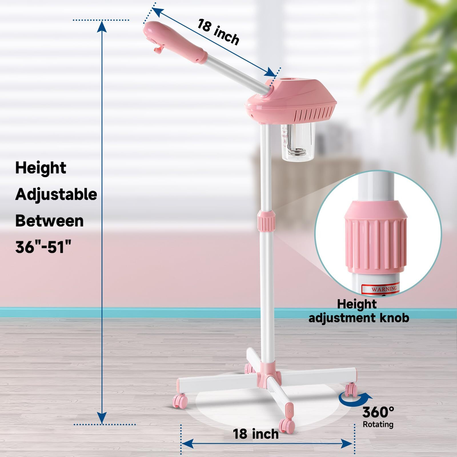 Face Steamer On Wheel Professional Ozone Face Steamer For Deep Facial Cleansing Pink