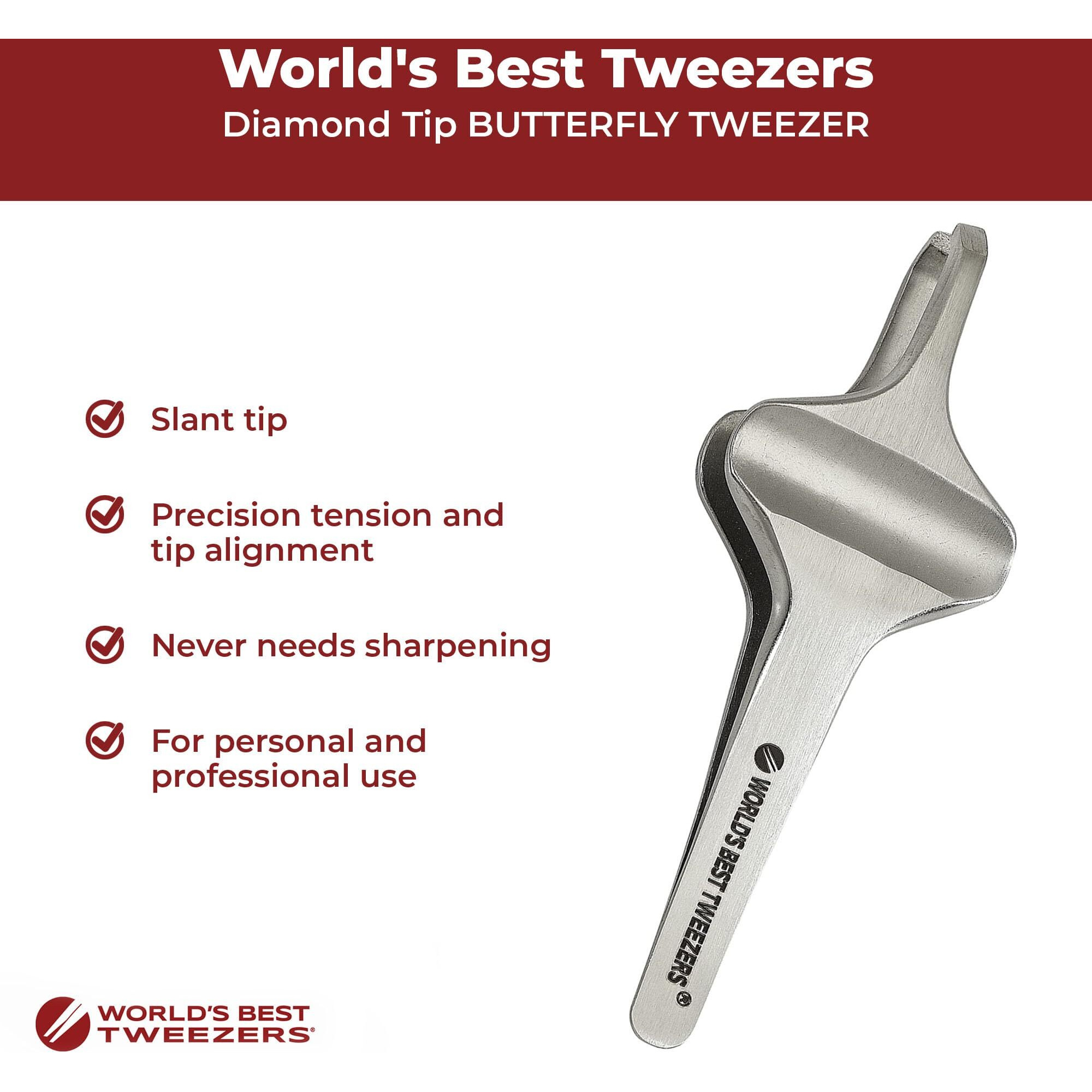 World's Best Tweezers Diamond Butterfly Tweezers - Wide Grip Slant Tip Precision Tweezers For Eyebrow, Facial & Ingrown Hair Removal - Perfectly Aligned Tool For Women&Men - Silver Stainless Steel