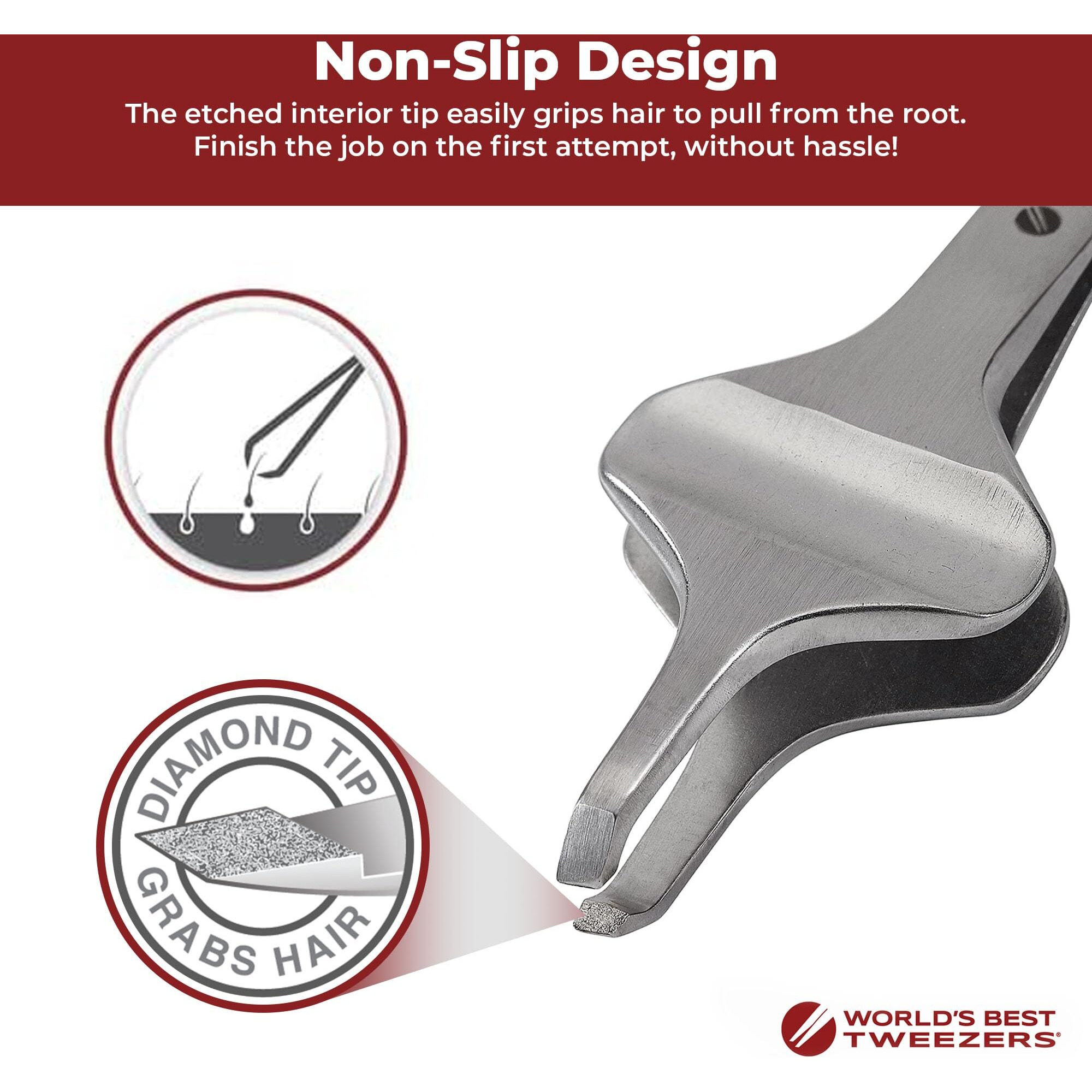 World's Best Tweezers Diamond Butterfly Tweezers - Wide Grip Slant Tip Precision Tweezers For Eyebrow, Facial & Ingrown Hair Removal - Perfectly Aligned Tool For Women&Men - Silver Stainless Steel