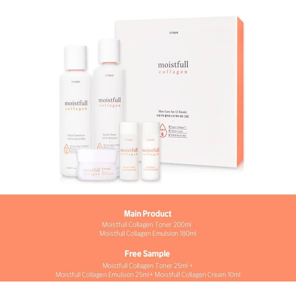 Etude Moistfull Collagen Skin Care Set, Perfect For Gift, Facial Emulsion And Toner, Face Moisturizer, Toner For Face, Super Collagen Water, Instant Moisture Recharge, Korean Skin Care, Beauty