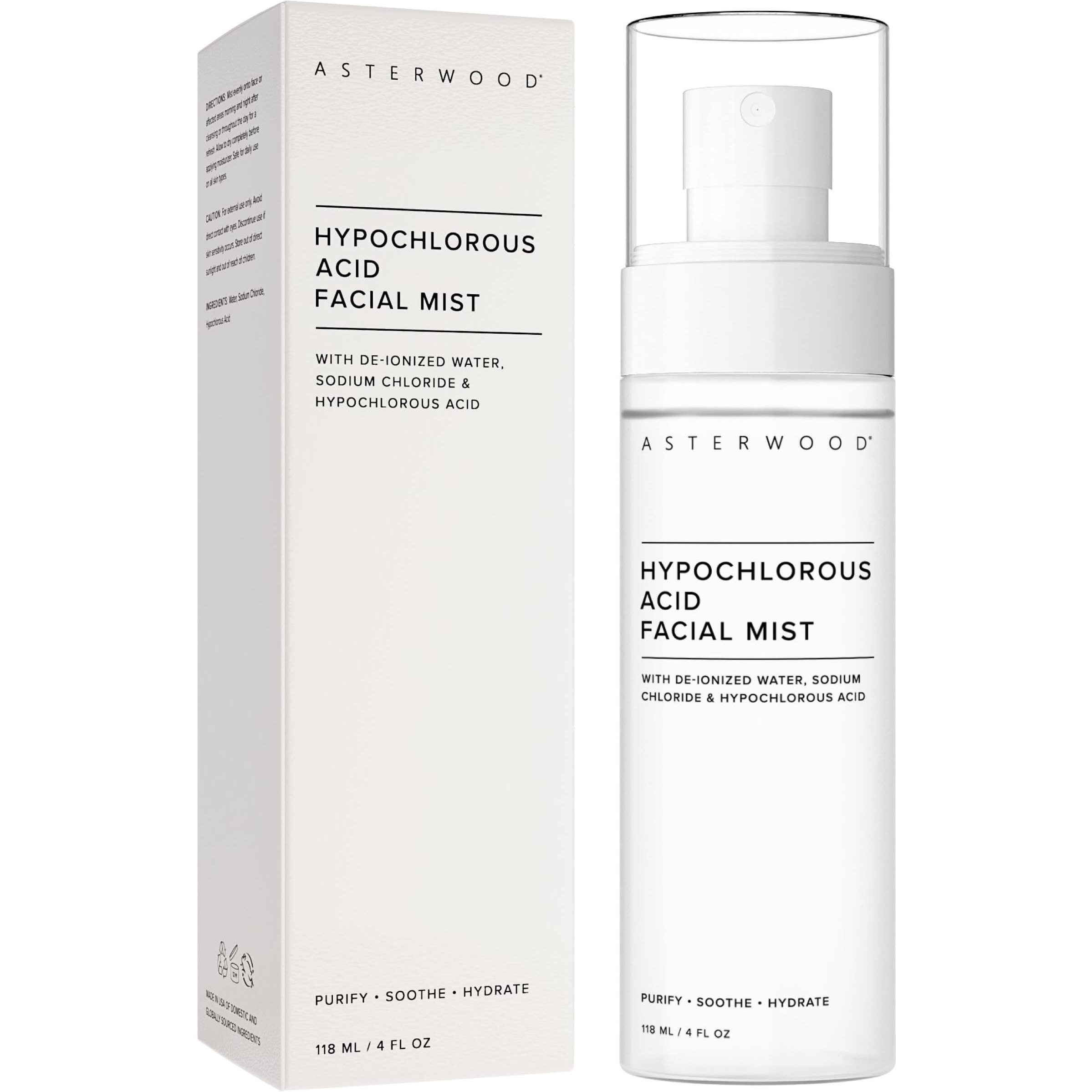 Asterwood Hypochlorous Acid Spray For Face - Targets Acne, Redness, Irritation - Multi-Purpose Skin Repair - Antibacterial, Antimicrobial - After Gym/Post-Workout Facial Mist - 4 Fl Oz