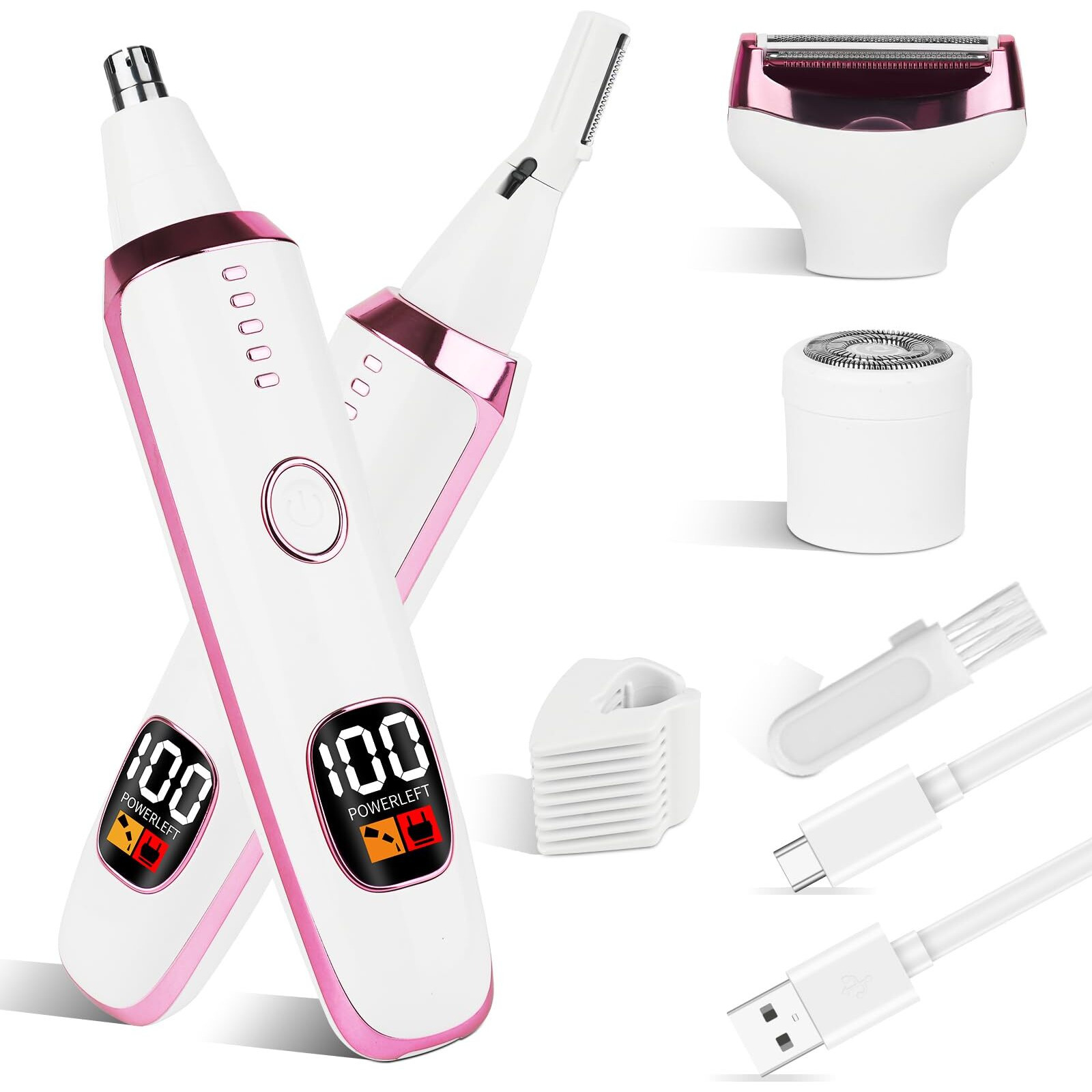 Mendaping 2025 Rechargeable Nose And Ear Hair Trimmer With Led Dispaly For Women Men,4 In 1 Painless Eyebrow & Facial Hair Trimmer With Powerful Motor,Ladies Wet & Dry Electric Razor (White)