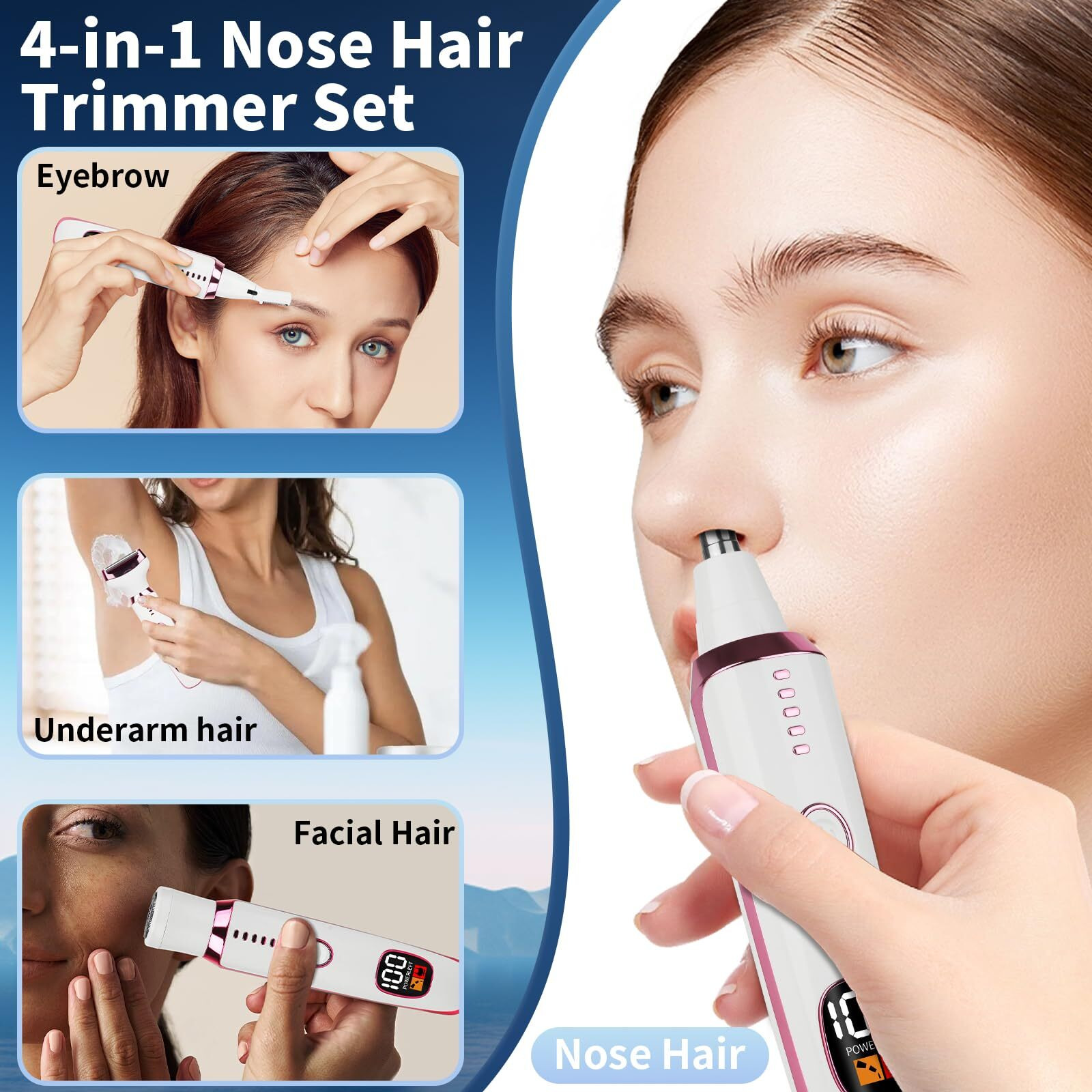 Mendaping 2025 Rechargeable Nose And Ear Hair Trimmer With Led Dispaly For Women Men,4 In 1 Painless Eyebrow & Facial Hair Trimmer With Powerful Motor,Ladies Wet & Dry Electric Razor (White)