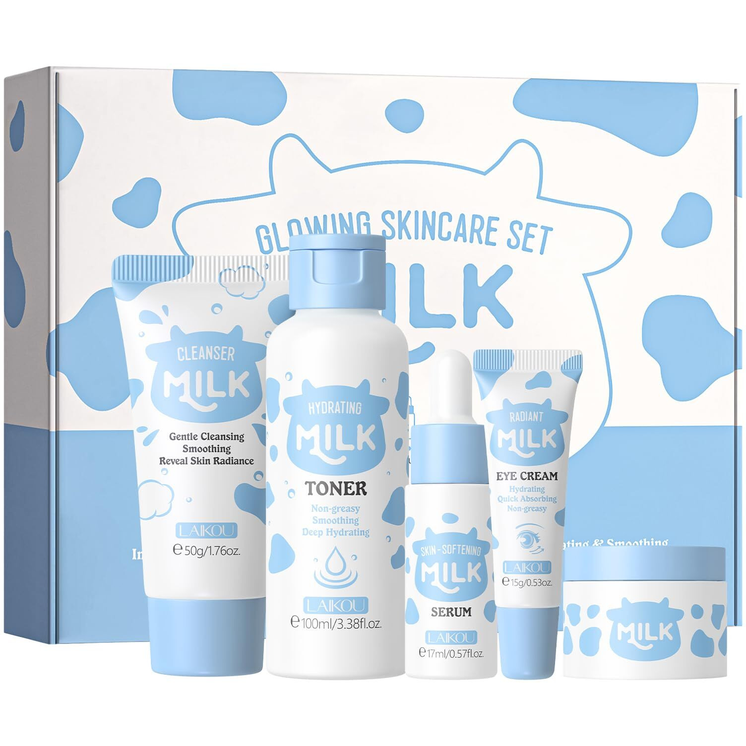 Laikou Skin Care Set, Skin Care Routine Kit For Women, Skincare Gift Set, Travel Size Toiletries With Milk Cleanser, Toner, Serum, Eye Cream, Face Cream Mother's Day Christmas Birthday Daughter Wife