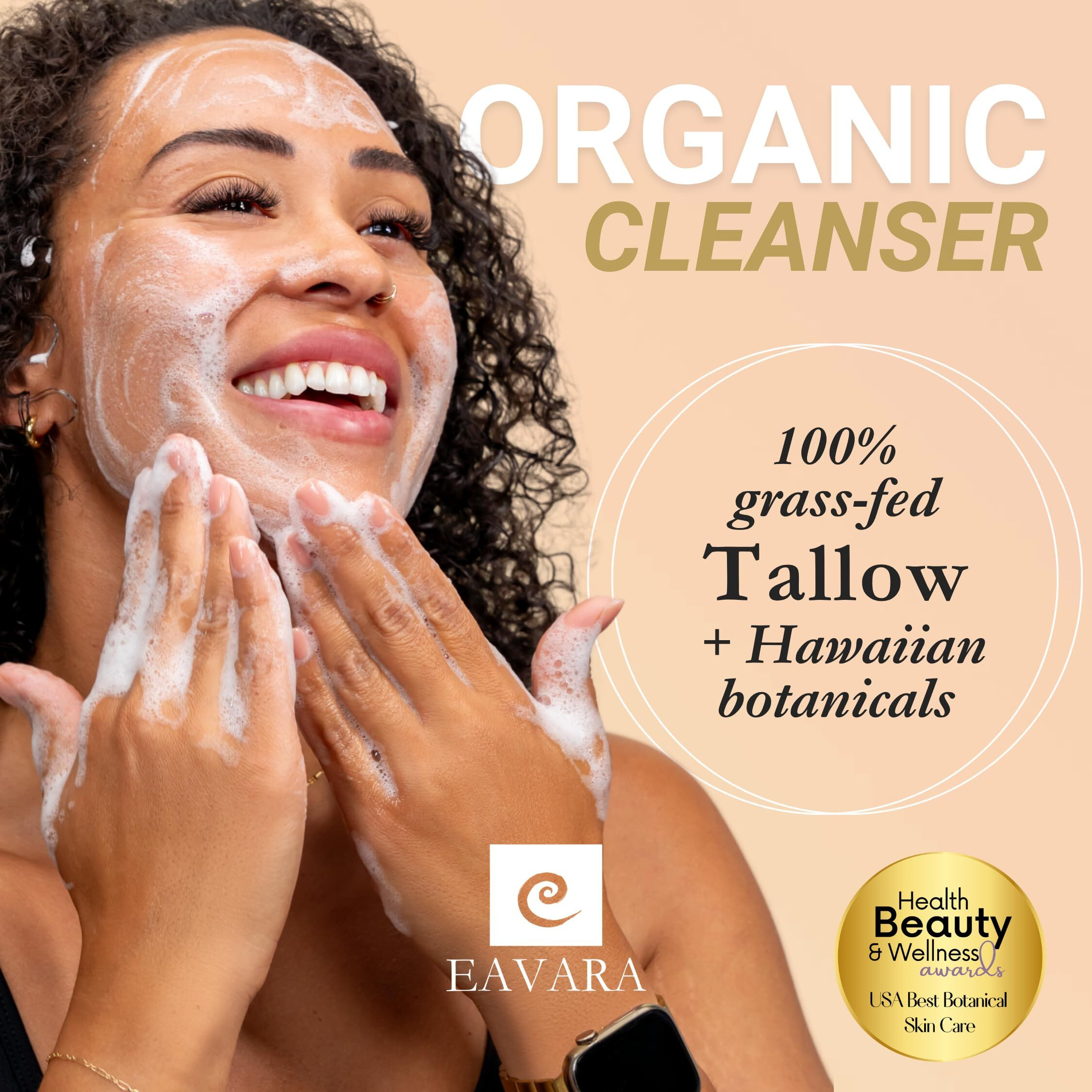 Eavara Beef Tallow Face Wash - Natural And Hydrating With Activated Charcoal, Aloe, Hyaluronic Acid, And Green Tea - Facial Cleanser With Grass Fed Beef Tallow - Face Wash For Women And Men - 6Oz Pump