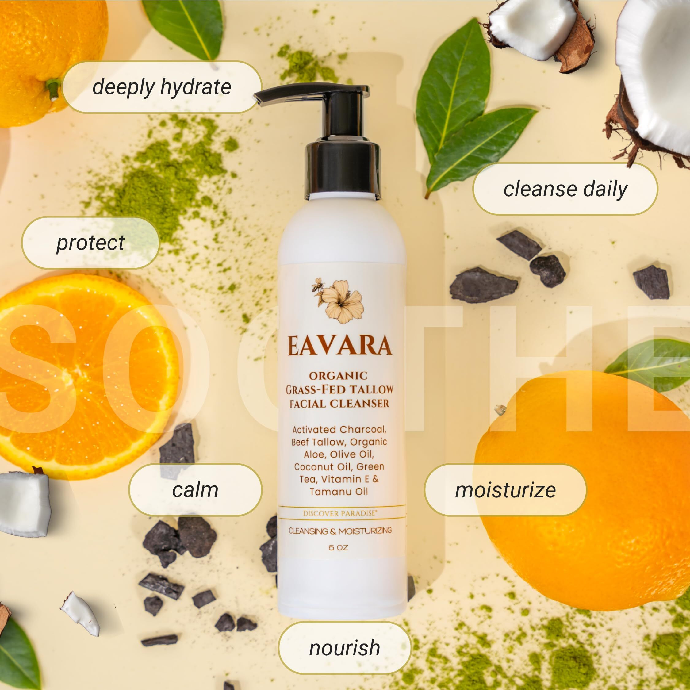 Eavara Beef Tallow Face Wash - Natural And Hydrating With Activated Charcoal, Aloe, Hyaluronic Acid, And Green Tea - Facial Cleanser With Grass Fed Beef Tallow - Face Wash For Women And Men - 6Oz Pump