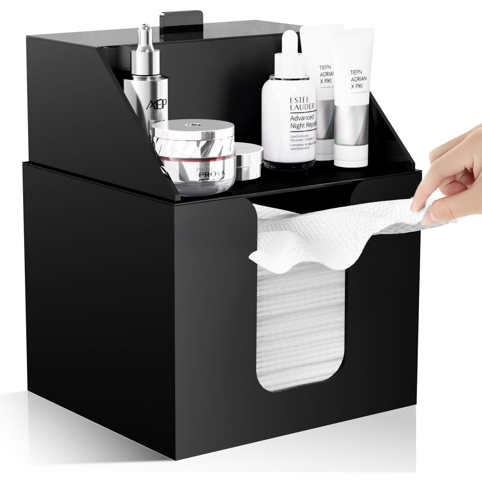 Tainess Disposable Facial Towels Storage Box Compatible With Clean Skin Club Clean Towel Xl - Cotton Pads - Swabs Upgraded Double Layer Acrylic Storage Container Face Towel Holder (Matte Black)