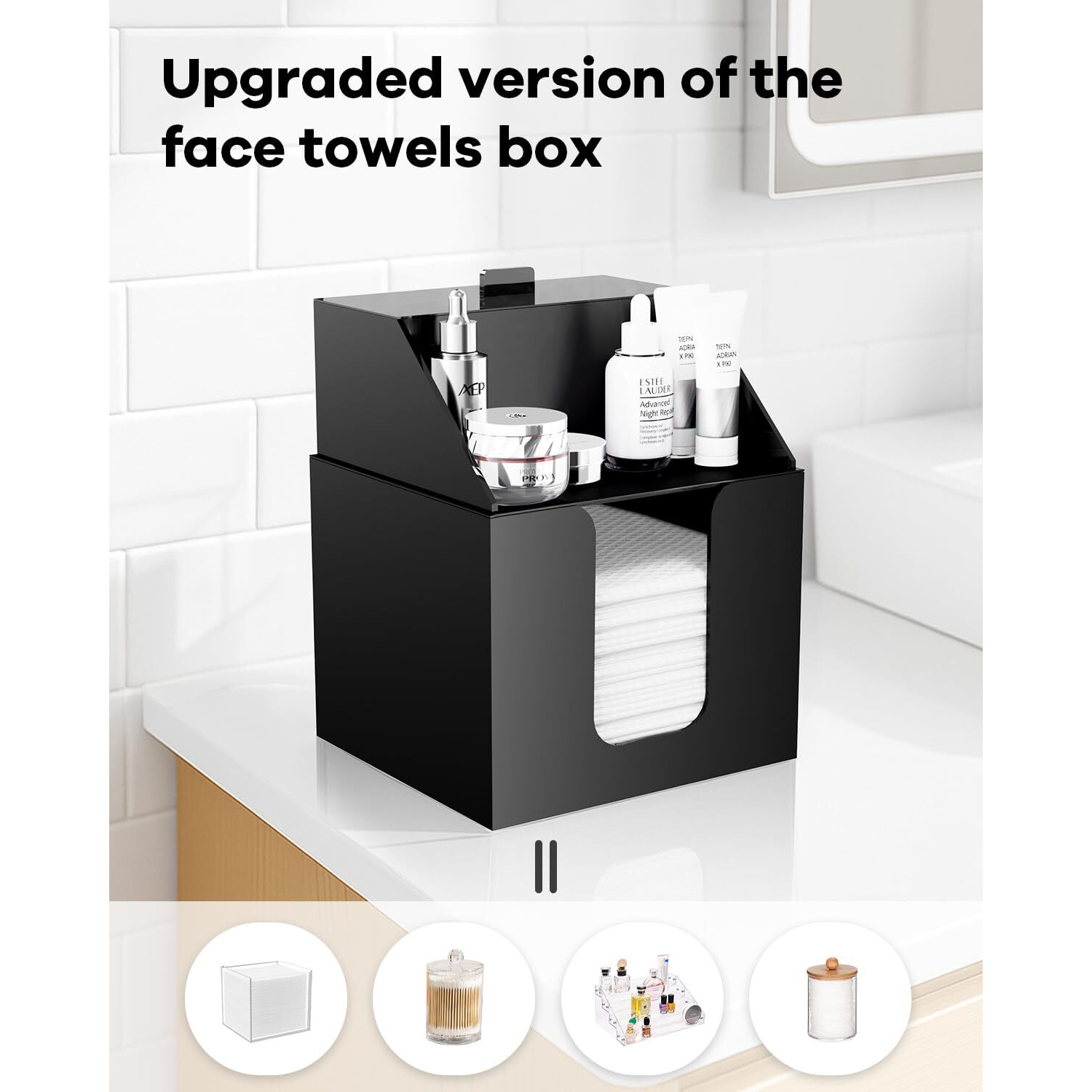 Tainess Disposable Facial Towels Storage Box Compatible With Clean Skin Club Clean Towel Xl - Cotton Pads - Swabs Upgraded Double Layer Acrylic Storage Container Face Towel Holder (Matte Black)