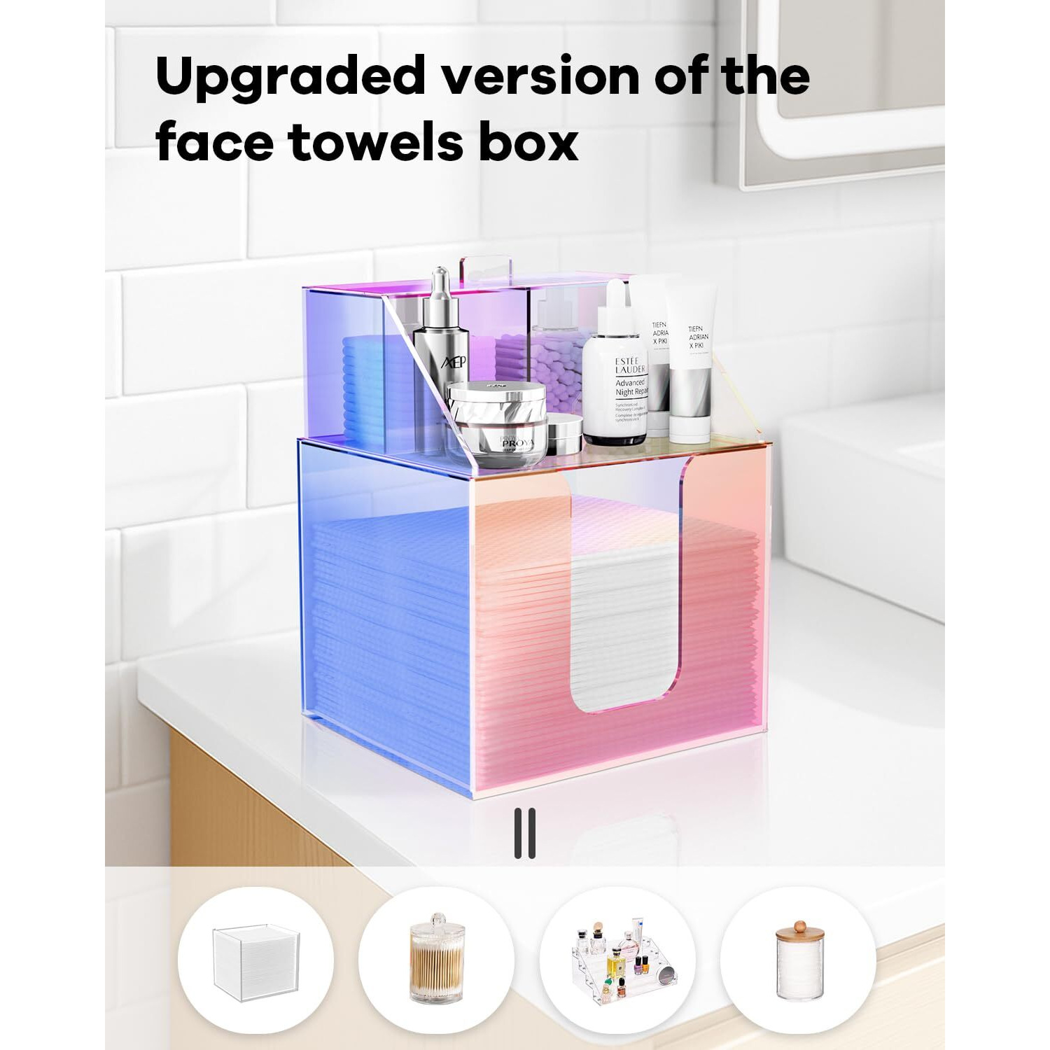 Tainess Disposable Facial Towels Storage Box Compatible With Clean Skin Club Clean Towel Xl - Cotton Pads - Swabs Upgraded Double Layer Acrylic Storage Container Face Towel Holder (Glossy Rainbow)