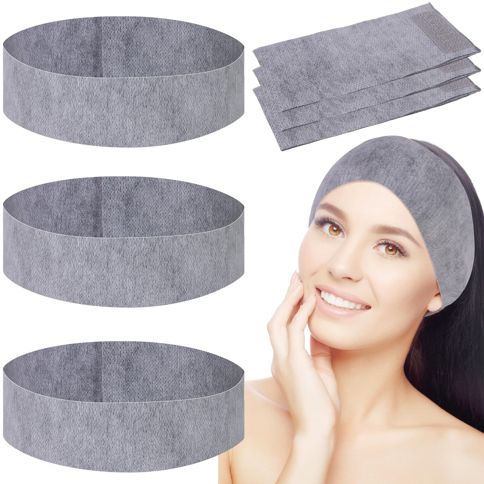 Pinkxhy 128 Pieces Disposable Spa Facial Headbands Stretch Non-Woven Facial Headband Soft Skin Care Hair Band With Convenient Closure For Women Girls Salons Esthetician Supplies (Grey)