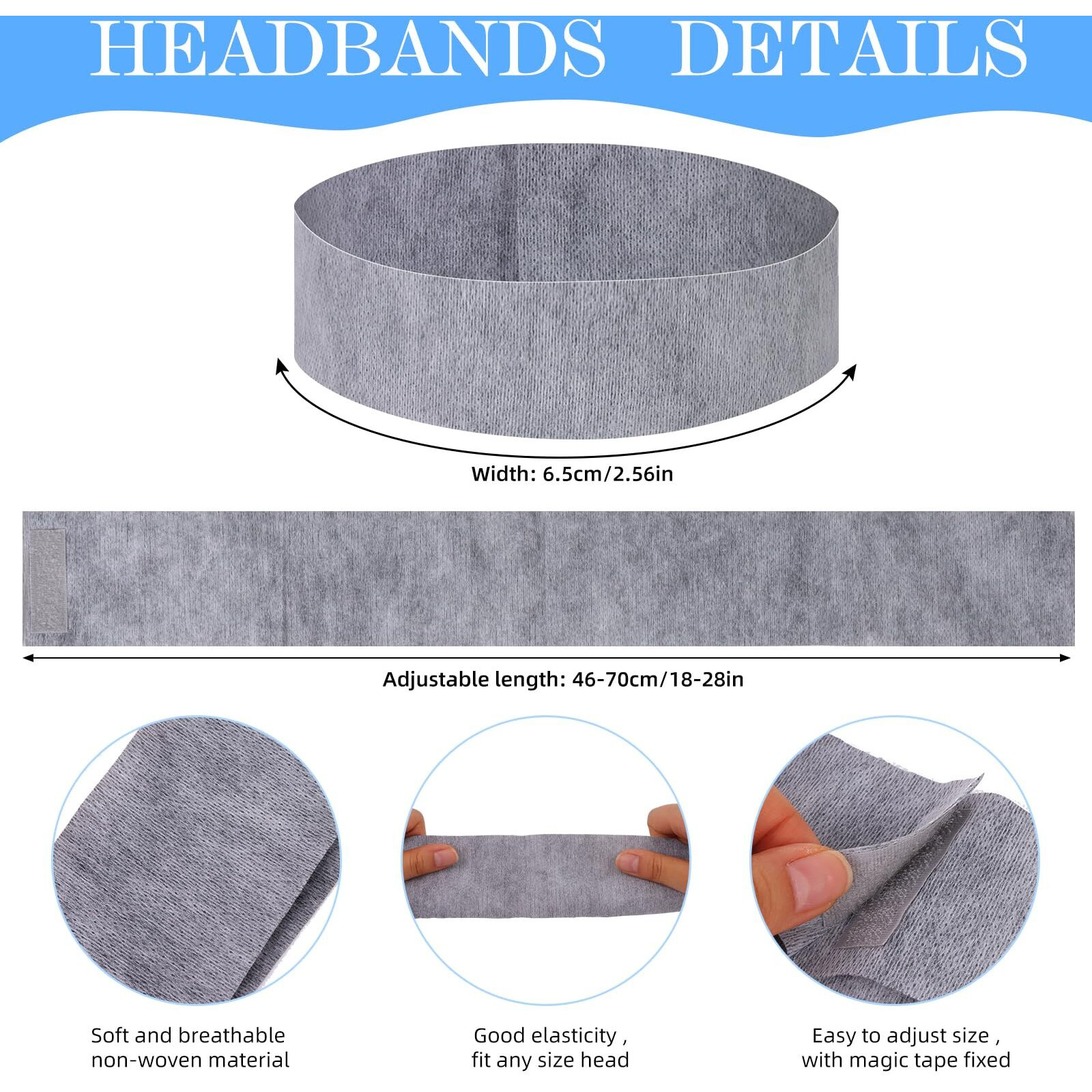 Pinkxhy 128 Pieces Disposable Spa Facial Headbands Stretch Non-Woven Facial Headband Soft Skin Care Hair Band With Convenient Closure For Women Girls Salons Esthetician Supplies (Grey)