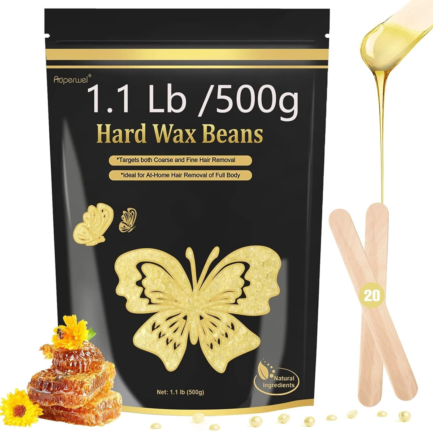 Wax Beads For Hair Removal, Wax Beads For Sensitive Skin, 1.1Lb Painless Waxing Beans For Bikini, Eyebrow Facial For At Home Pearl Waxing Beads With 20 Spatulas For Women Men (Honey)