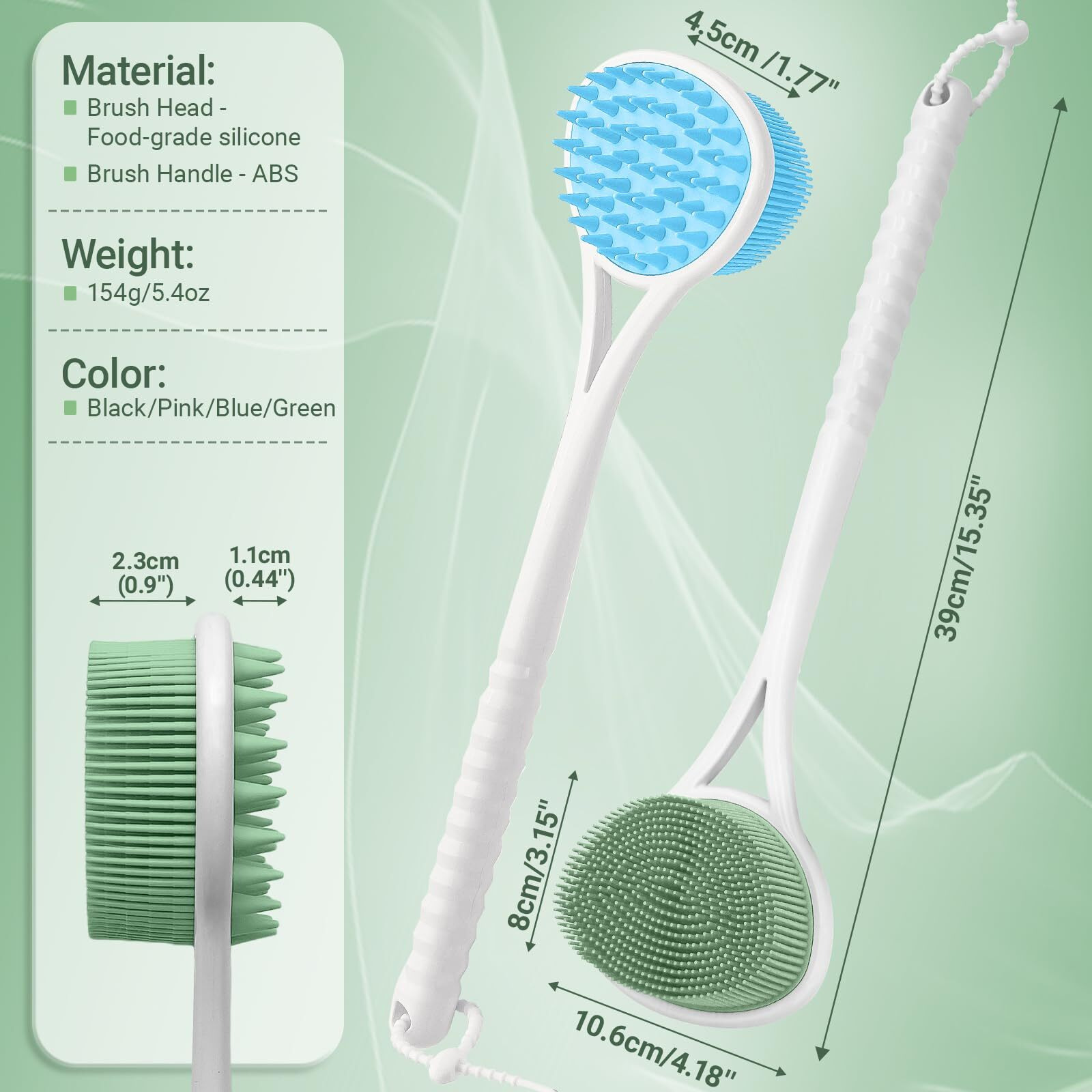 Geenoa Silicone Back & Face Scrubber Set, 15.35 Soft Back Scrubber For Shower With Dual-Side Brush Head, Gentle Silicone Facial Scrubber Face Brush For Deep Lathering & Cleansing(Green-2Pcs)