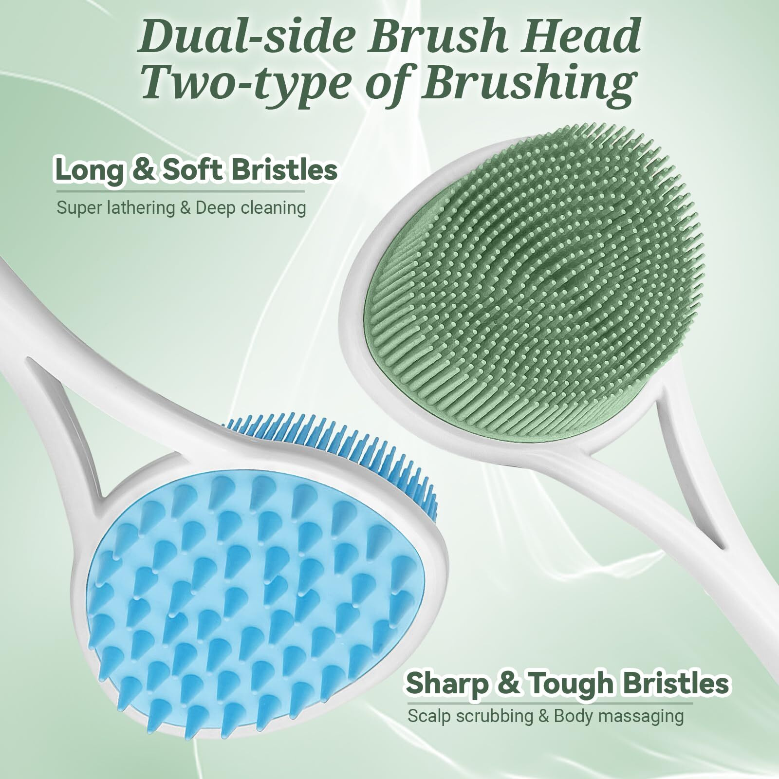 Geenoa Silicone Back & Face Scrubber Set, 15.35 Soft Back Scrubber For Shower With Dual-Side Brush Head, Gentle Silicone Facial Scrubber Face Brush For Deep Lathering & Cleansing(Green-2Pcs)