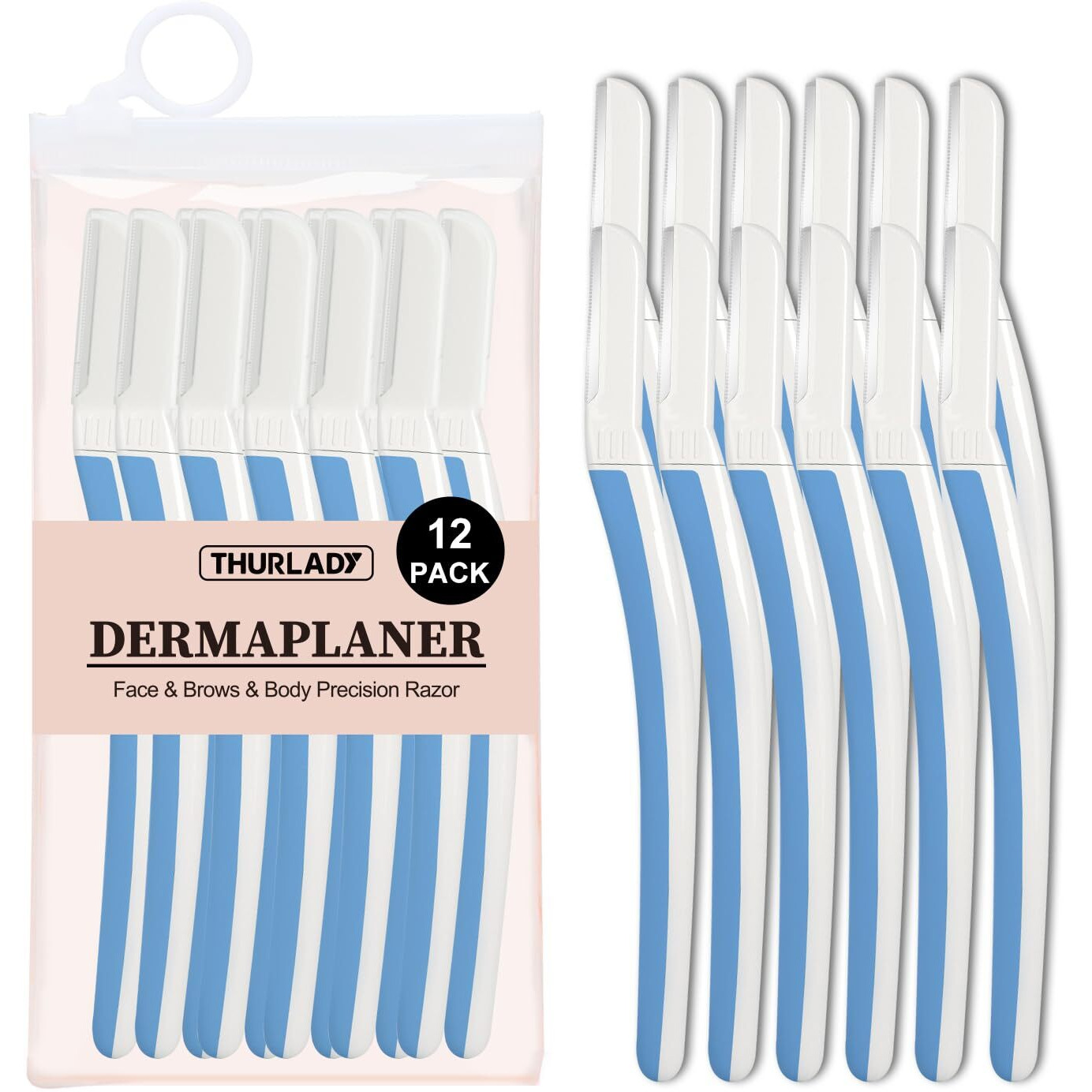 Thurlady Face Razors For Women Dermaplaning, Dermaplane Razor For Women Face, Eyebrow & Facial Razors, Peach Fuzz Remover, Gentle Exfoliating Microblades, For Sensitive Skin (Pack Of 12, Aegean Frost)