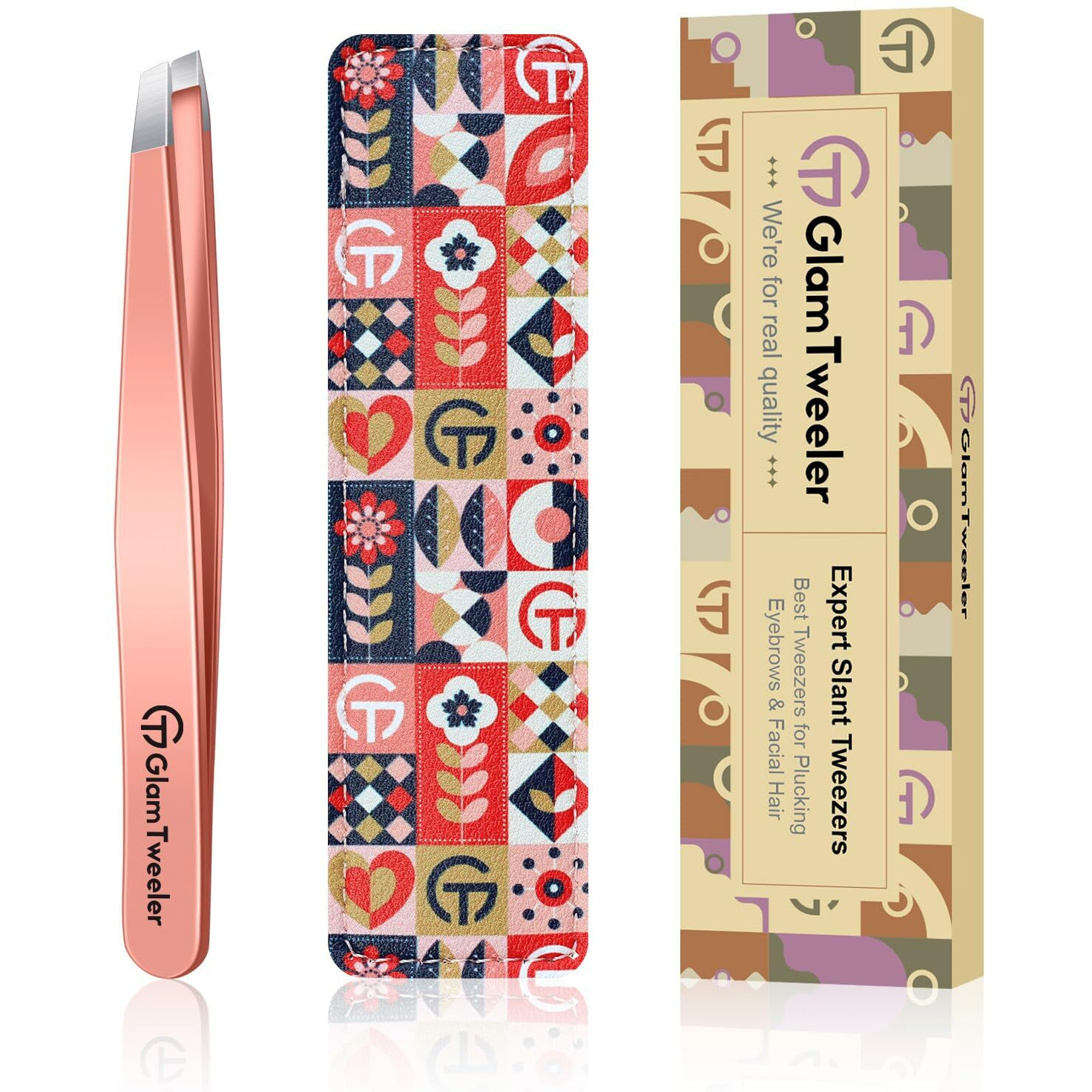 Expert Slant Tip Tweezers With Leather Case, Glamtweeler Sharp & Precision Stainless Steel Tweezer For Eyebrows, Facial Hair And Fine Hairs Removal (Rose Gold)