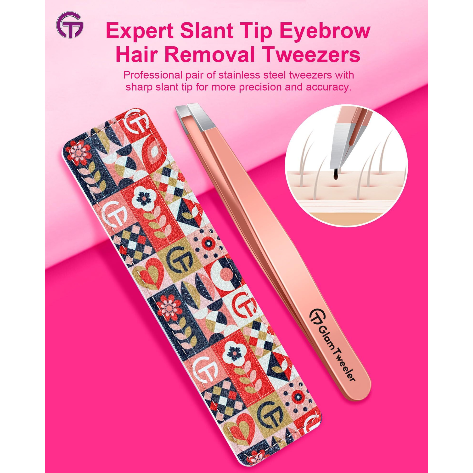 Expert Slant Tip Tweezers With Leather Case, Glamtweeler Sharp & Precision Stainless Steel Tweezer For Eyebrows, Facial Hair And Fine Hairs Removal (Rose Gold)
