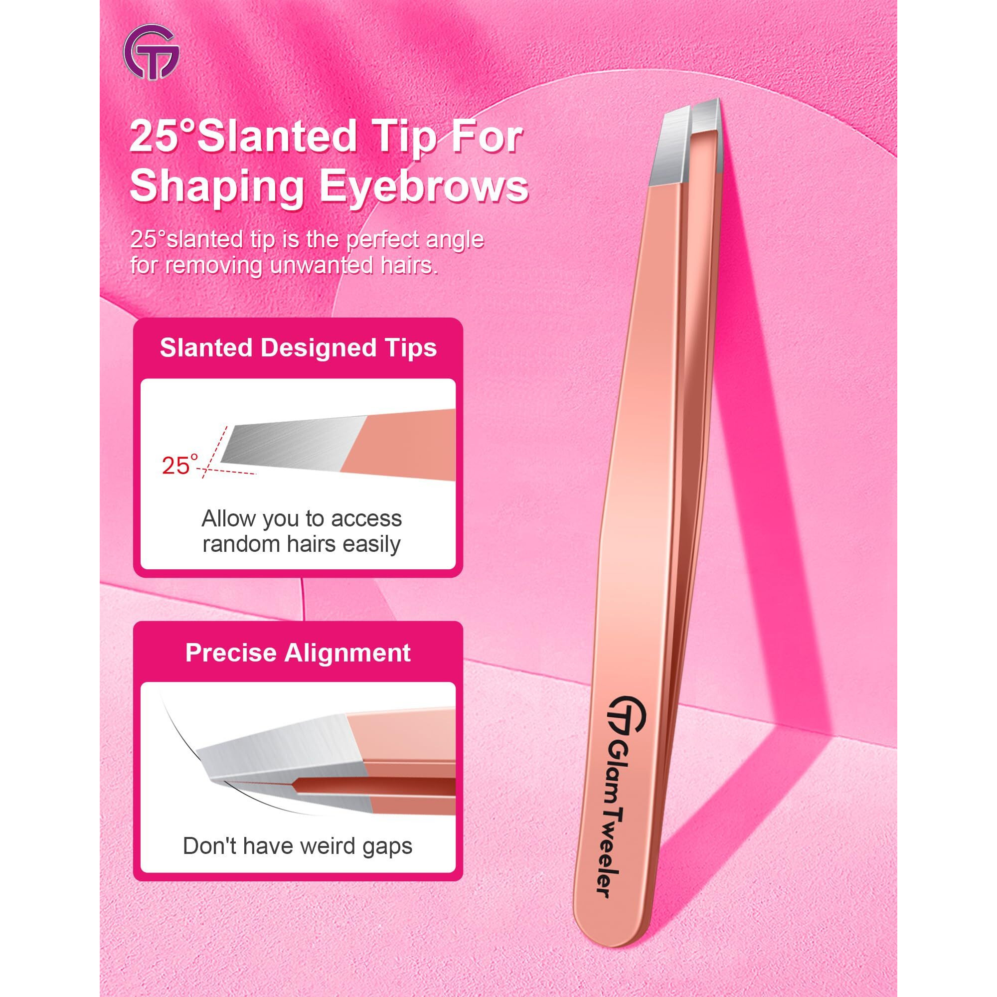 Expert Slant Tip Tweezers With Leather Case, Glamtweeler Sharp & Precision Stainless Steel Tweezer For Eyebrows, Facial Hair And Fine Hairs Removal (Rose Gold)