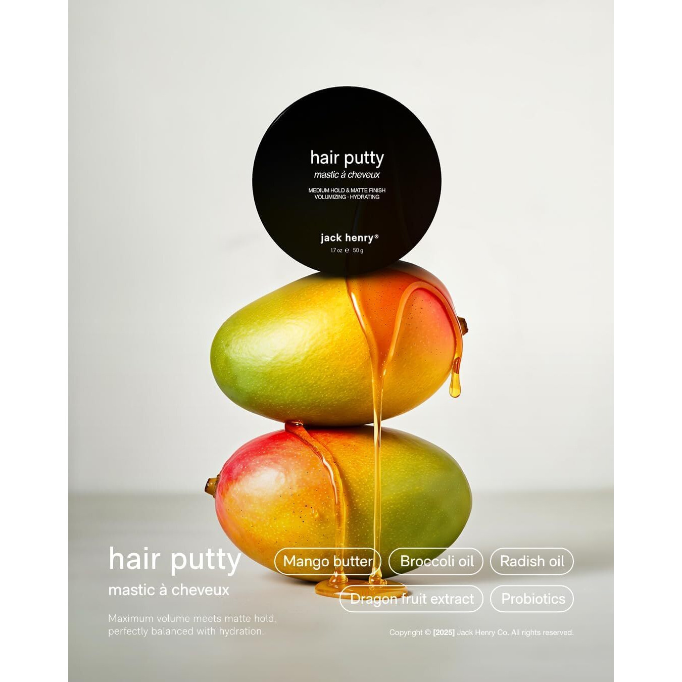 Jack Henry Hair Putty - Natural Matte Finish Styling Paste For Men - Medium Hold, Lightweight, Non-Greasy - With Mango Butter & Broccoli Seed Oil For Nourishment - 1.7 Oz