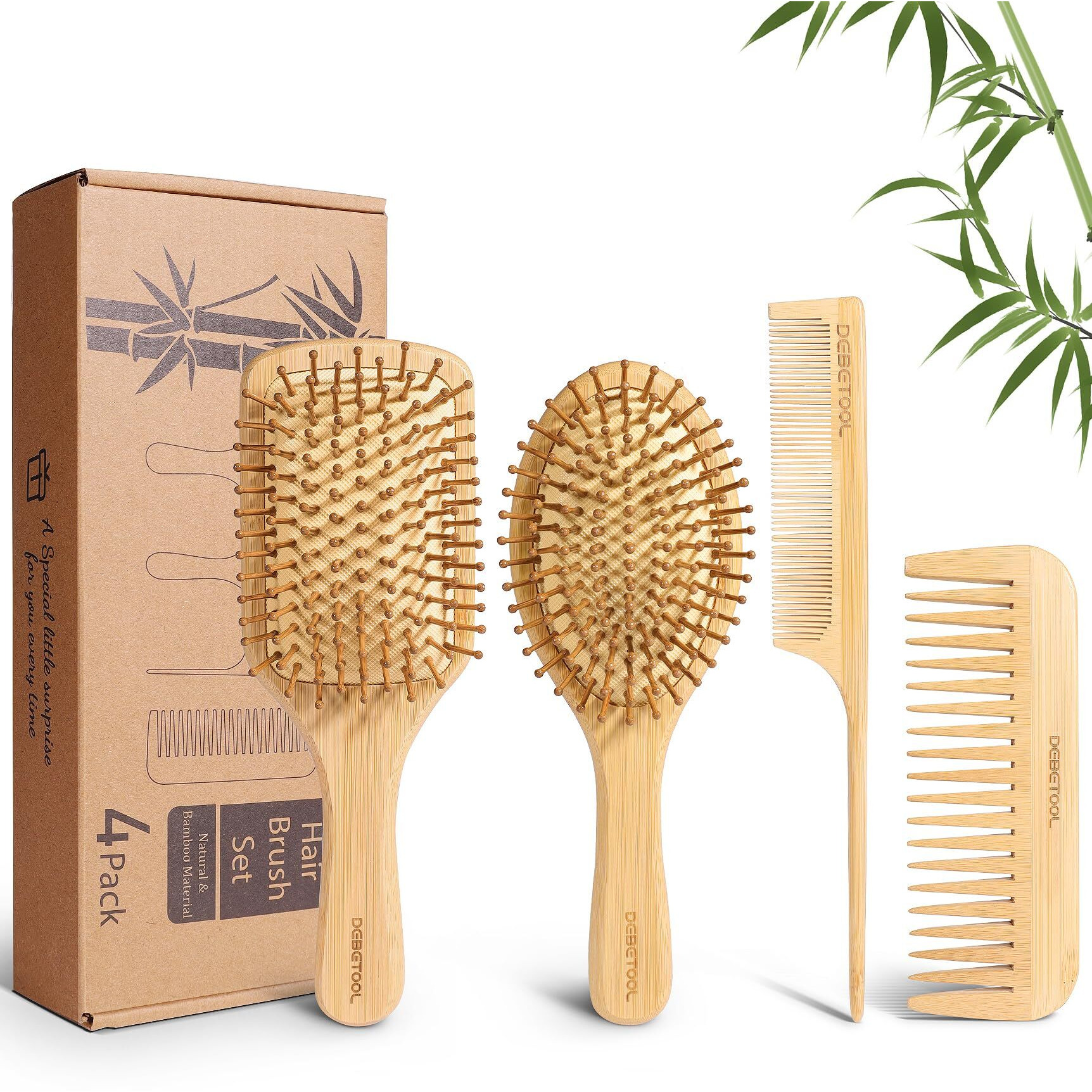 Debetool Bamboo Hair Brush And Comb Set - Natural Wooden & Bamboo Brush For Hair Growth With Wide-Tooth Tail Comb, Ergonomic Design For (Thick/Thin/Curly/Dry Hair) - Wooden Comb For Women Gift Kit