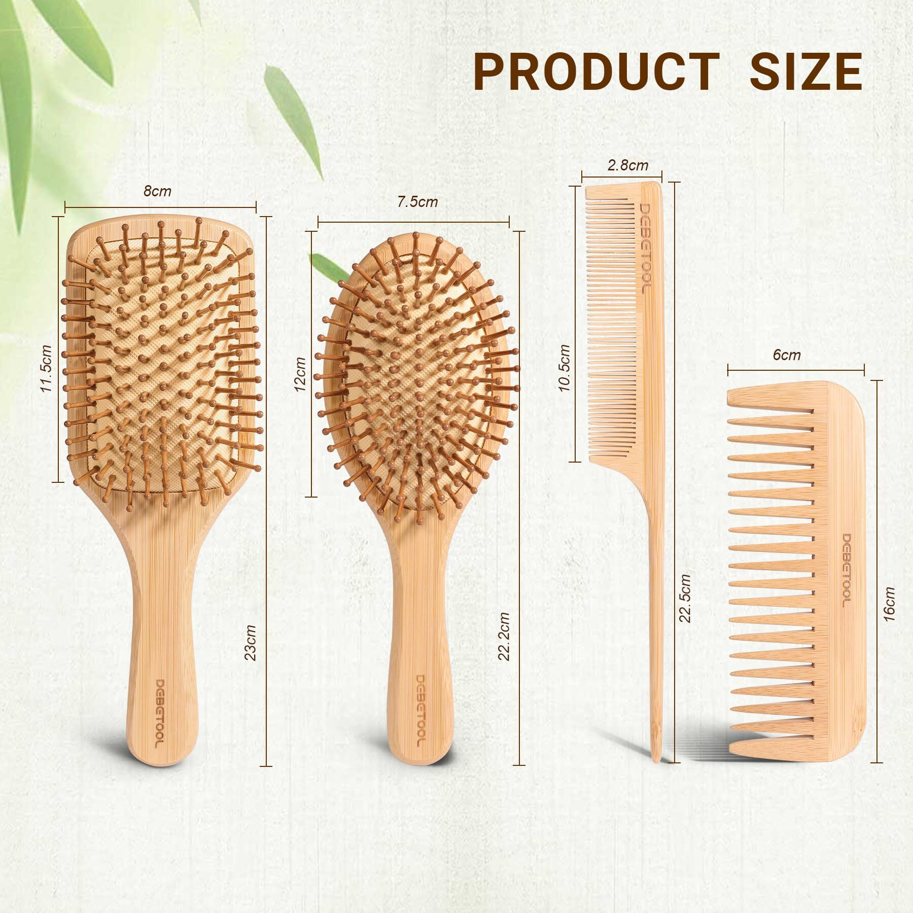 Debetool Bamboo Hair Brush And Comb Set - Natural Wooden & Bamboo Brush For Hair Growth With Wide-Tooth Tail Comb, Ergonomic Design For (Thick/Thin/Curly/Dry Hair) - Wooden Comb For Women Gift Kit