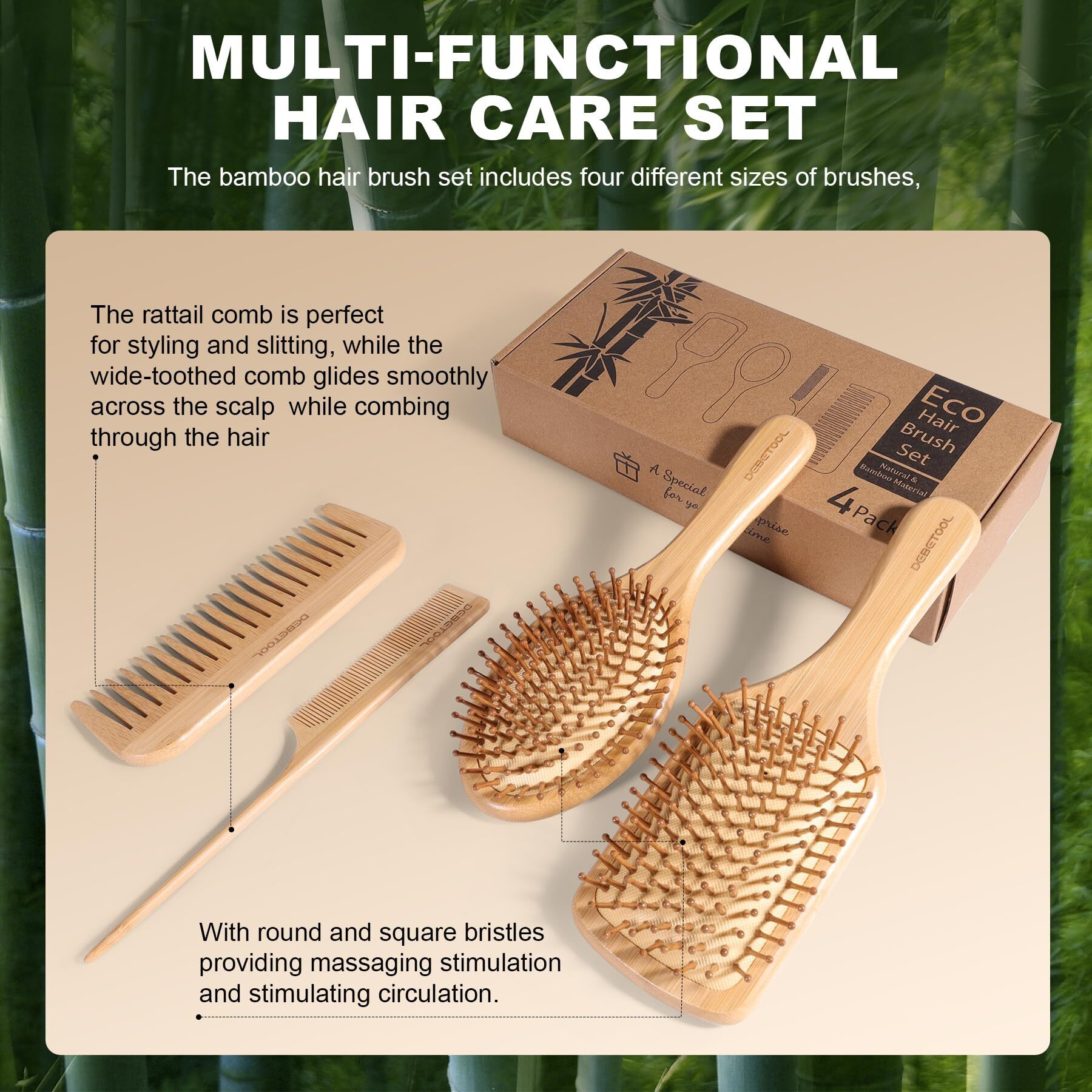 Debetool Bamboo Hair Brush And Comb Set - Natural Wooden & Bamboo Brush For Hair Growth With Wide-Tooth Tail Comb, Ergonomic Design For (Thick/Thin/Curly/Dry Hair) - Wooden Comb For Women Gift Kit