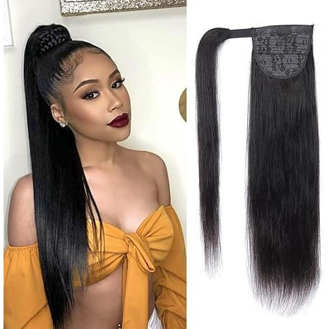 Wrap Around Ponytail Human Hair Extensions 10A Brazilian Straight Ponytail For Black Women Unprocessed Remy Human Hair Pony Tail With Magic Paste Clip In Extension Hairpiece 110G (24 Inch)