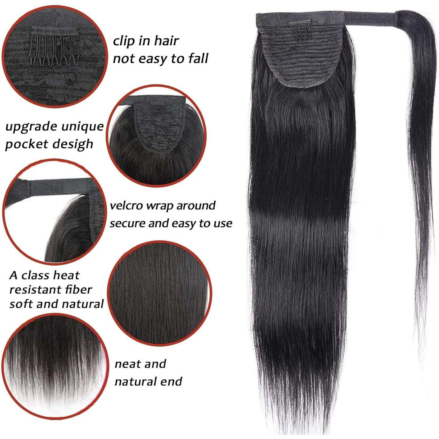 Wrap Around Ponytail Human Hair Extensions 10A Brazilian Straight Ponytail For Black Women Unprocessed Remy Human Hair Pony Tail With Magic Paste Clip In Extension Hairpiece 110G (24 Inch)