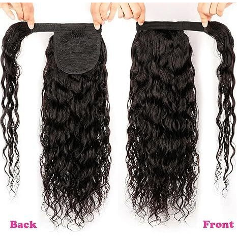 Human Hair Curly Wave Ponytail Extensions Human Hair Wrap Around Corn Wave Pony Magic Paste Brazilian Human Hair Extensions For Women Natural Black(20 Inch)