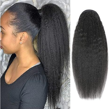 Yaki Kinky Straight Human Hair Wrap Around Ponytail Hair Piece With Clips Magic Paste Binding Pony Tail Hairpiece For Women (Yaki, 20 Inch)