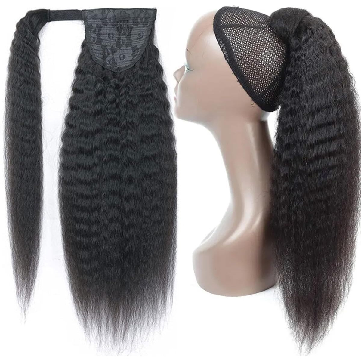 Yaki Kinky Straight Human Hair Wrap Around Ponytail Hair Piece With Clips Magic Paste Binding Pony Tail Hairpiece For Women (Yaki, 20 Inch)