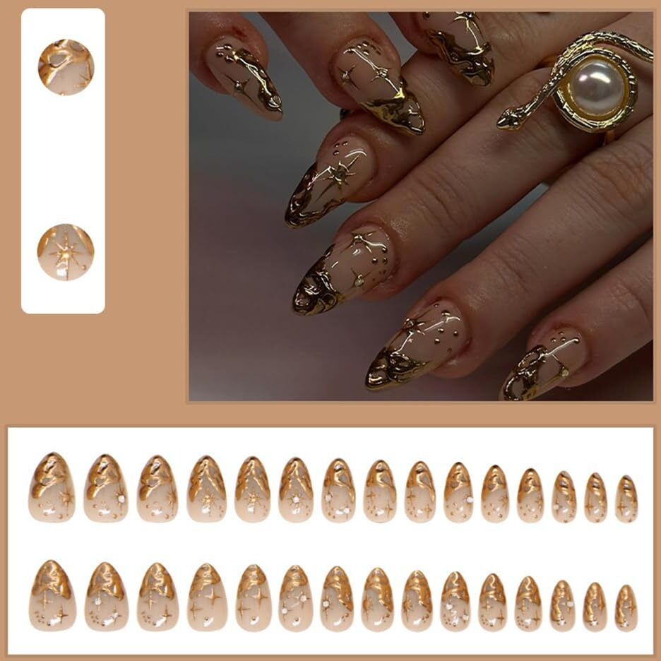 24 Pcs Fall Winter Press On Nails Short Almond - Yefiuo Clear Fake Nails Press Ons Gold Paste Y2K French Nail Art Tip Full Cover Acrylic False Nails Glue On Nails Kit With Rhinestones Design For Women
