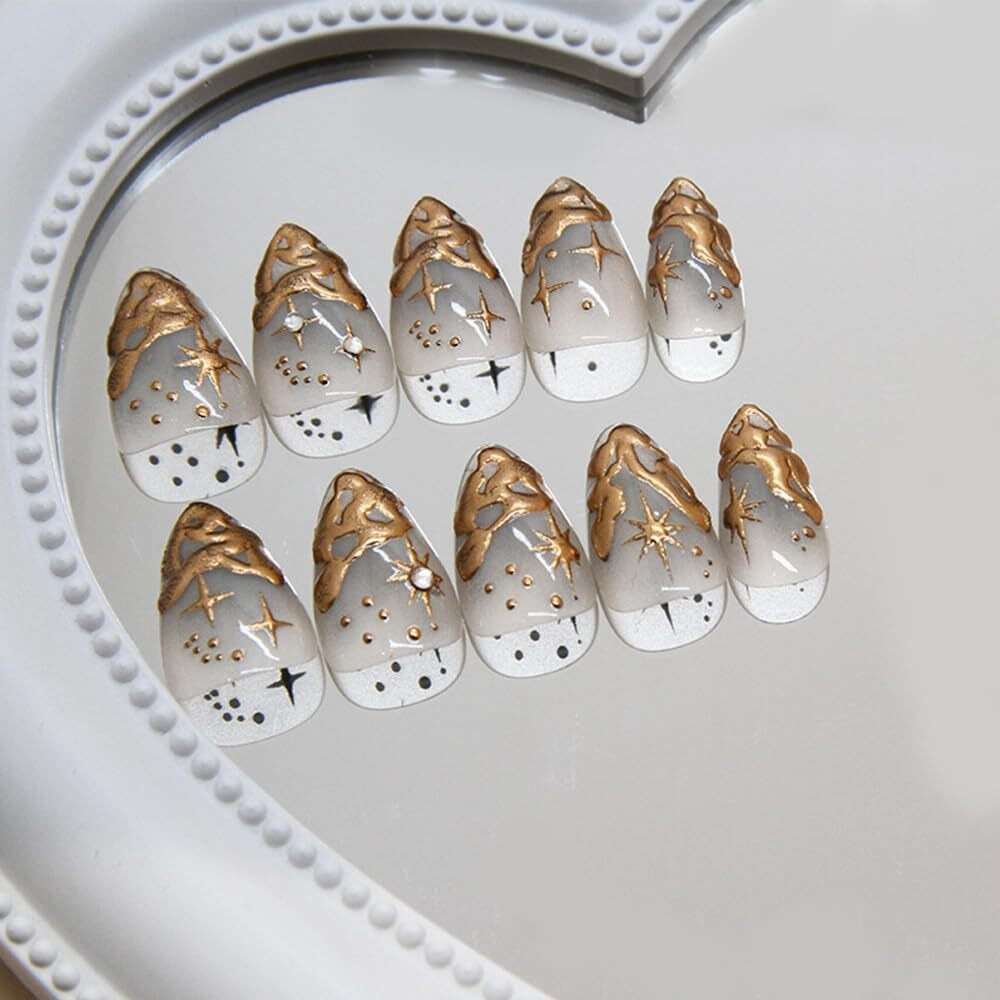 24 Pcs Fall Winter Press On Nails Short Almond - Yefiuo Clear Fake Nails Press Ons Gold Paste Y2K French Nail Art Tip Full Cover Acrylic False Nails Glue On Nails Kit With Rhinestones Design For Women