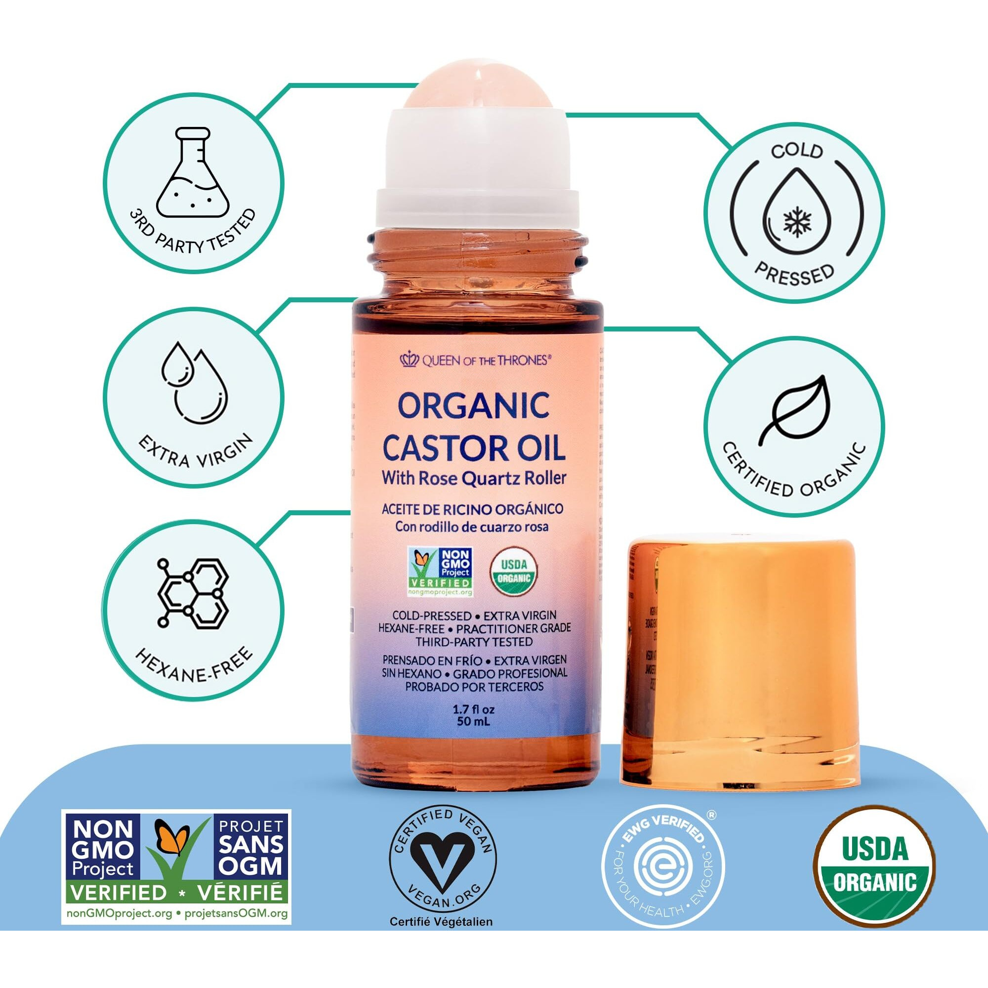 Queen Of The Thrones Organic Golden Castor Oil Roll-On With Rose Quartz | 100% Pure For Skin, Brows & Lashes And Less-Mess Castor Oil Packs | Hexane-Free | Usda Certified | Cold-Pressed [50Ml (1.7Oz)]