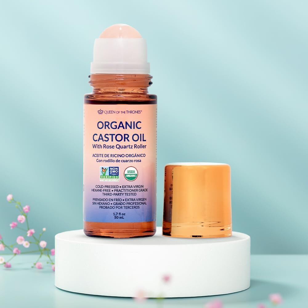 Queen Of The Thrones Organic Golden Castor Oil Roll-On With Rose Quartz | 100% Pure For Skin, Brows & Lashes And Less-Mess Castor Oil Packs | Hexane-Free | Usda Certified | Cold-Pressed [50Ml (1.7Oz)]