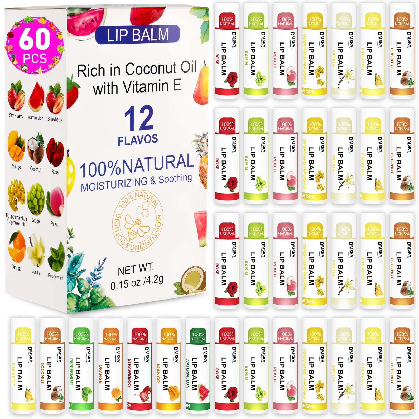Dmsky 60 Pack Lip Balm, Natural Lip Balm Bulk With Vitamin E And Coconut Oil, Moisturizing Lip Balm For Chapped Lips, Bulk Lip Balm For Women-12 Flavors