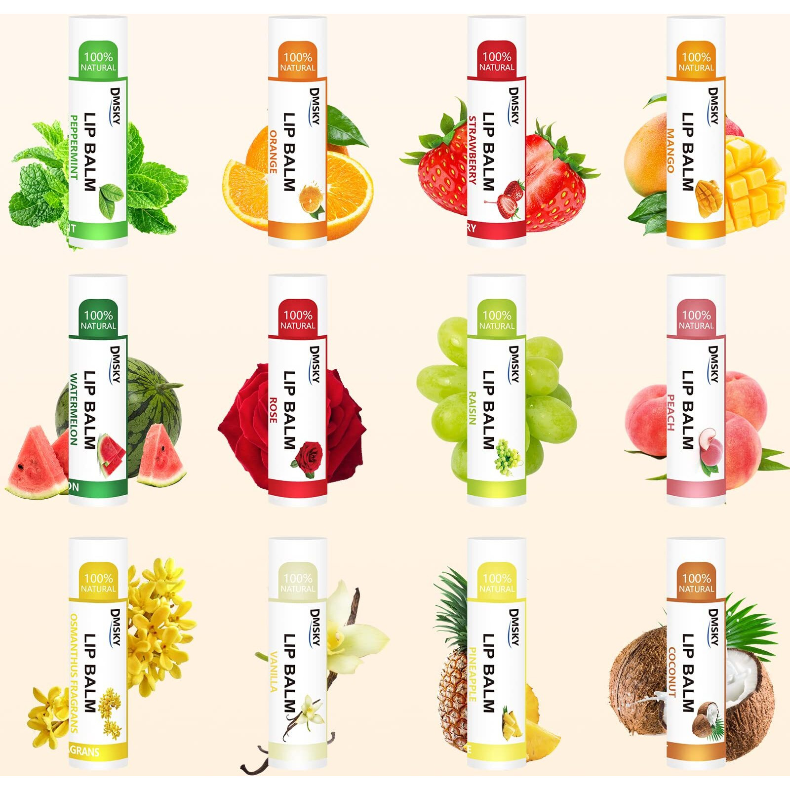 Dmsky 60 Pack Lip Balm, Natural Lip Balm Bulk With Vitamin E And Coconut Oil, Moisturizing Lip Balm For Chapped Lips, Bulk Lip Balm For Women-12 Flavors