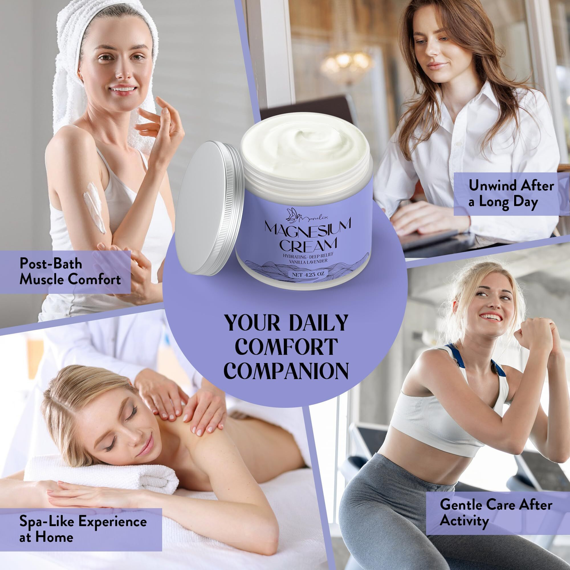 Manelix Magnesium Cream For Sleep - Topical Magnesium For Women, Muscle Relaxation, Calm, Moisturizing With Coconut Oil, Shea Butter & Hyaluronic Acid, 4.23 Oz, Safe For Kids (4.23 Ounce, Lavender)