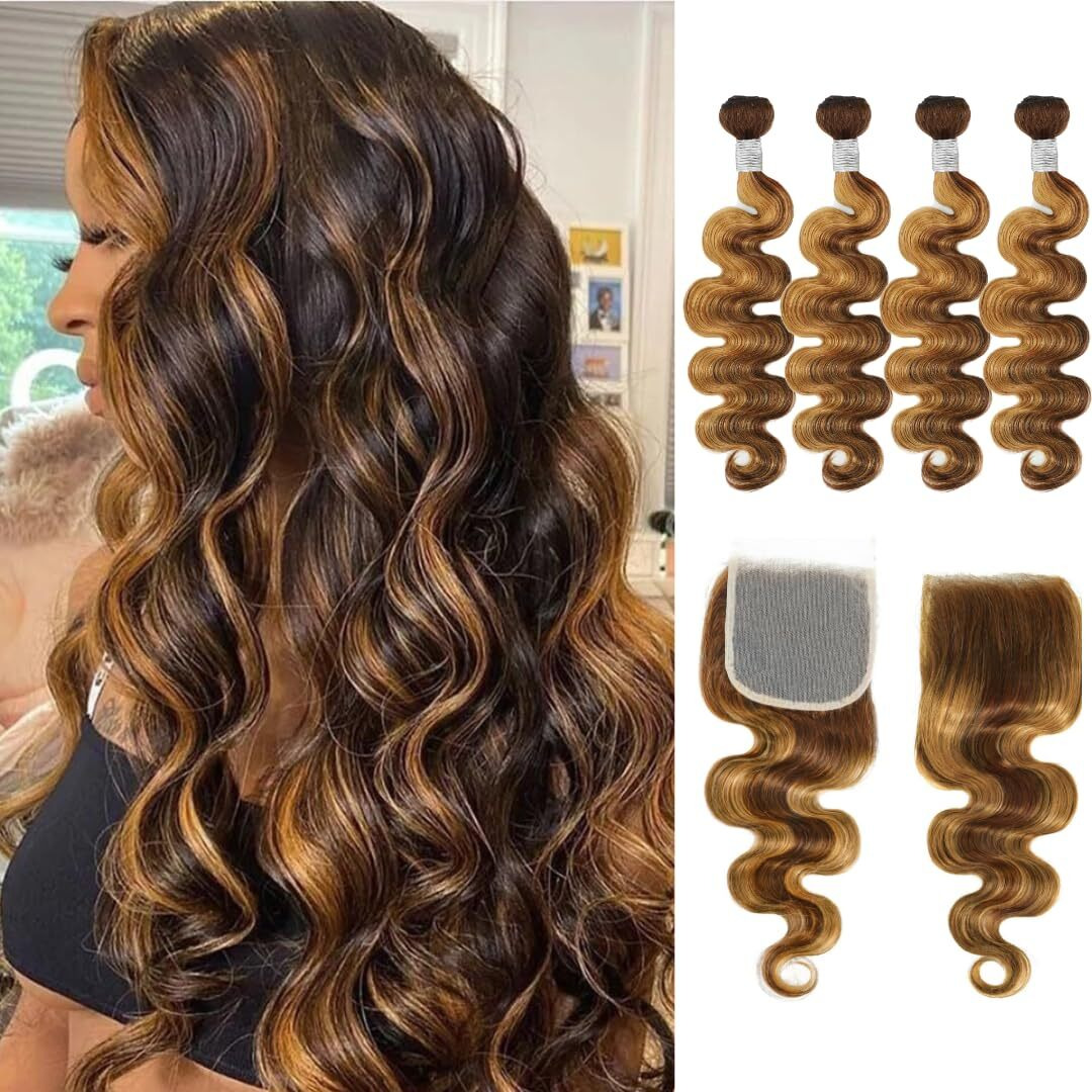 Alher P4/27 Honey Blonde Highlight 4 Bundles With 4X4 Lace Closure Body Wave, Balayage Ombre Brown 12A 100% Human Hair Bundles With Closure Pre Plucked With Baby Hair 14 14 16 18 +14 Inch 4X4 Closure