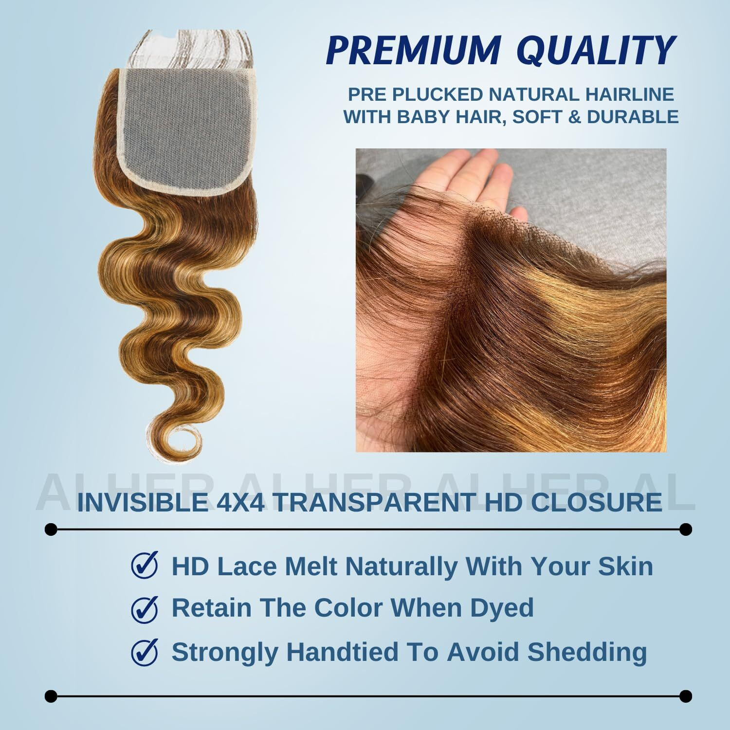 Alher P4/27 Honey Blonde Highlight 4 Bundles With 4X4 Lace Closure Body Wave, Balayage Ombre Brown 12A 100% Human Hair Bundles With Closure Pre Plucked With Baby Hair 14 14 16 18 +14 Inch 4X4 Closure