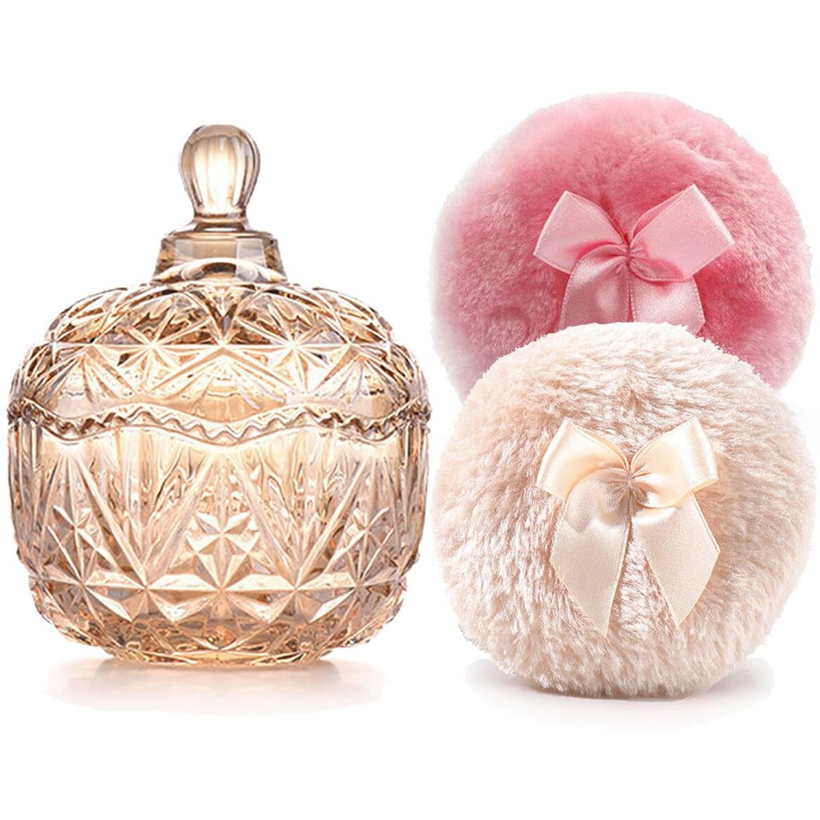 Luxury 4 Inch Glass Loose Powder Container With 2 Soft 3.5"" Puffs|Non-Sealed Refillable Organizer Storage For Body Powder Makeup & Jewelry & Setting Applicator(Crown-Amber)