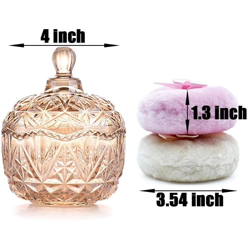 Luxury 4 Inch Glass Loose Powder Container With 2 Soft 3.5"" Puffs|Non-Sealed Refillable Organizer Storage For Body Powder Makeup & Jewelry & Setting Applicator(Crown-Amber)