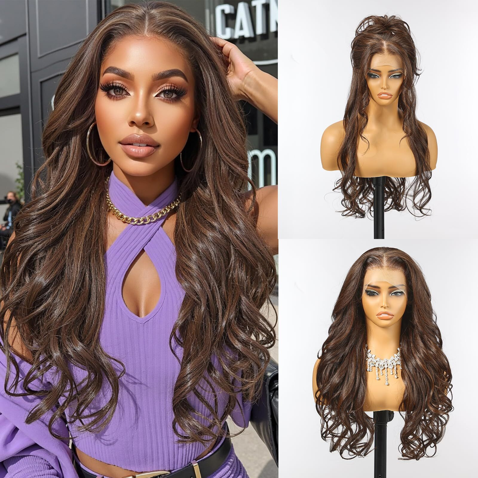 Allbell 13X6 Glueless Hd Lace Wigs,Synthetic Lace Front Wig For Women,24Inch Chocolate Brown Body Wave Hair Replacement