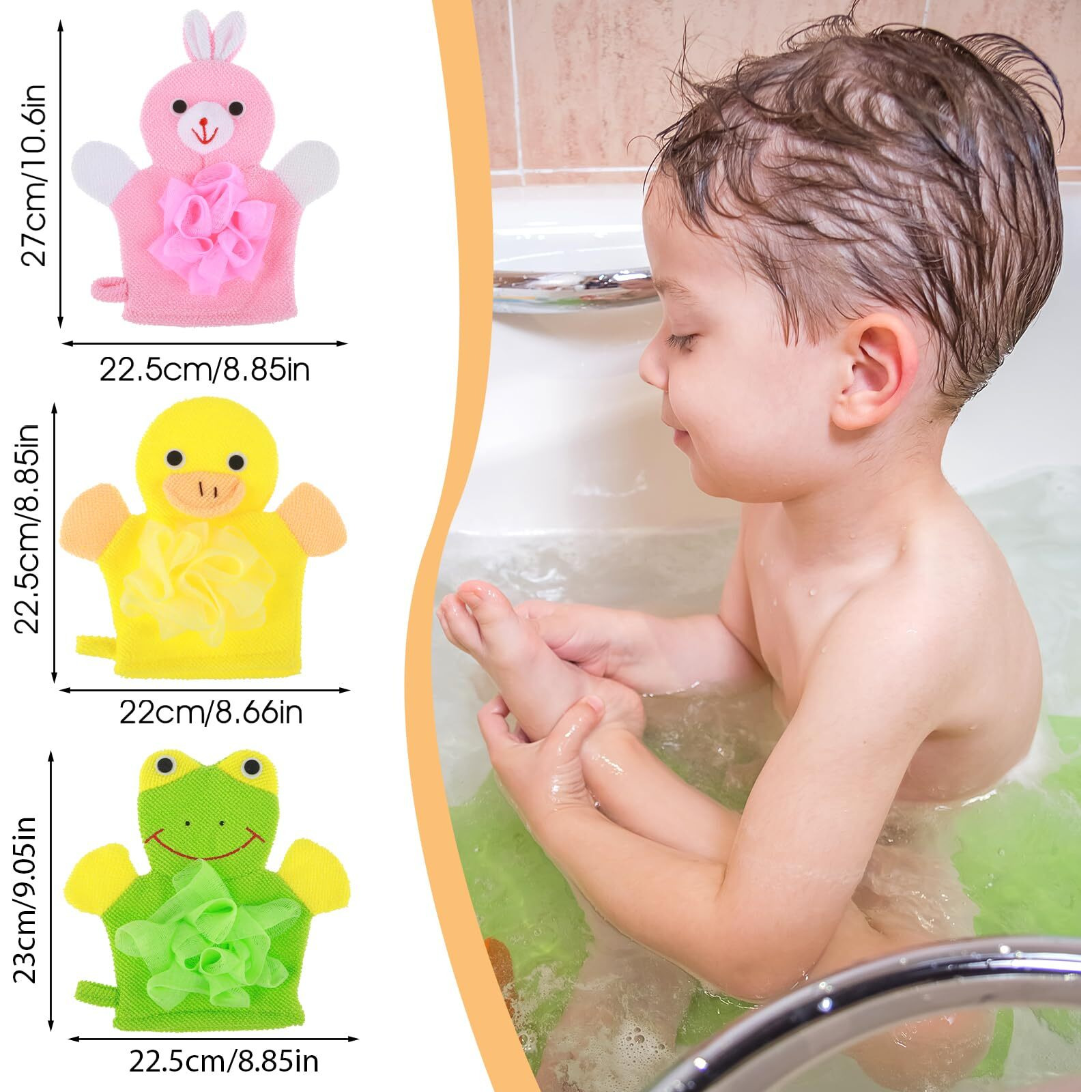 Qianyu 3Pcs Bath Mitt Washcloth Glove Exfoliating Glove Body Scrubber Cute Cartoon Design Exfoliating Glove Gentle Soft Scrub Loofah Bath Sponge For Kid Shower Washing Easy Lather (Yellow/Green/Pink)