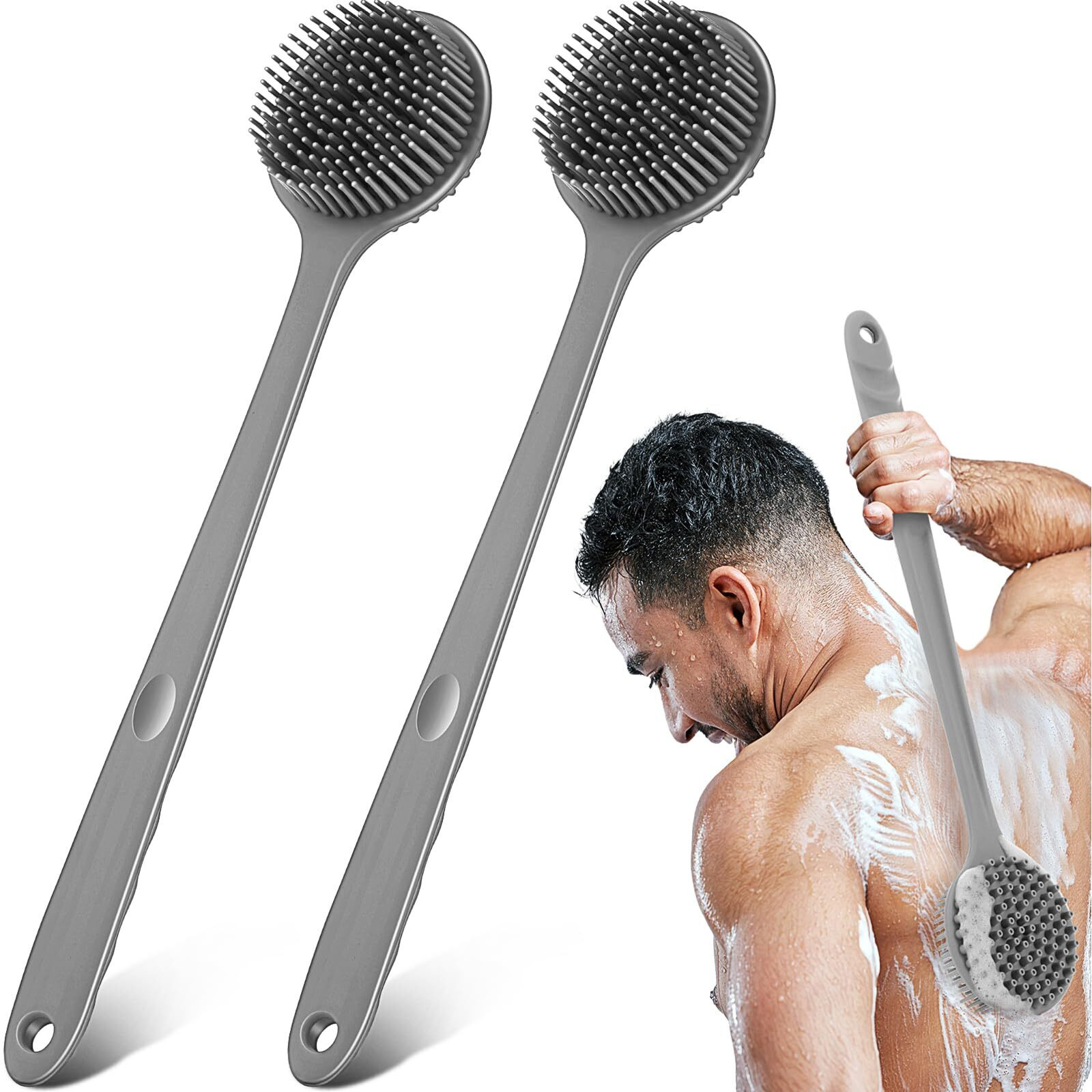 Sunnyray 2 Pack 15 Inch Soft Silicone Back Scrubber With Long Handle, Scrubber Anti Slip For Shower, Bath Body Brush, Improved Skin Health Can Produce Foam For Men And Women(Grey)