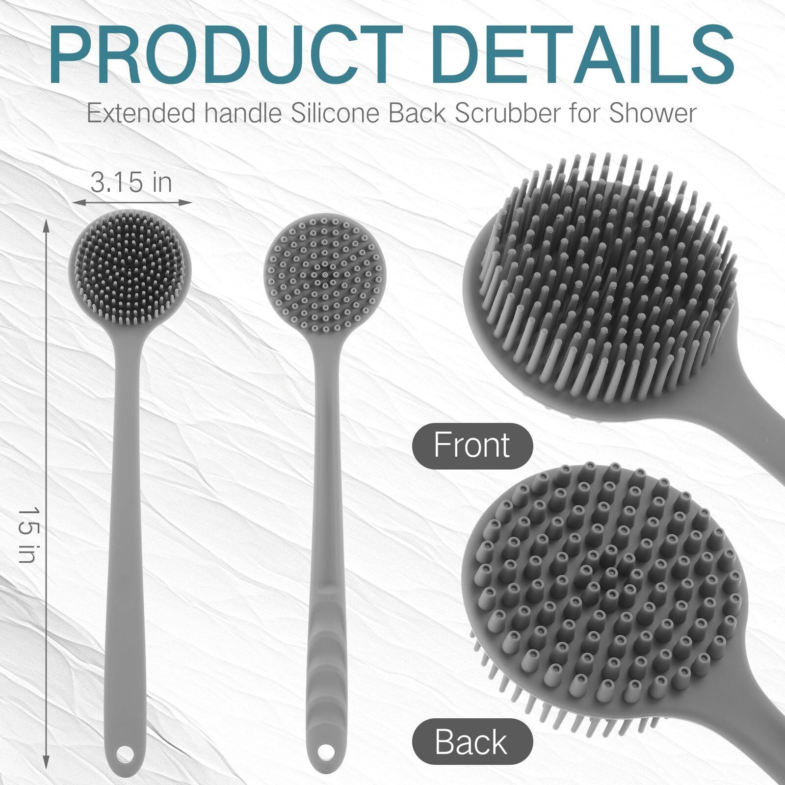 Sunnyray 2 Pack 15 Inch Soft Silicone Back Scrubber With Long Handle, Scrubber Anti Slip For Shower, Bath Body Brush, Improved Skin Health Can Produce Foam For Men And Women(Grey)